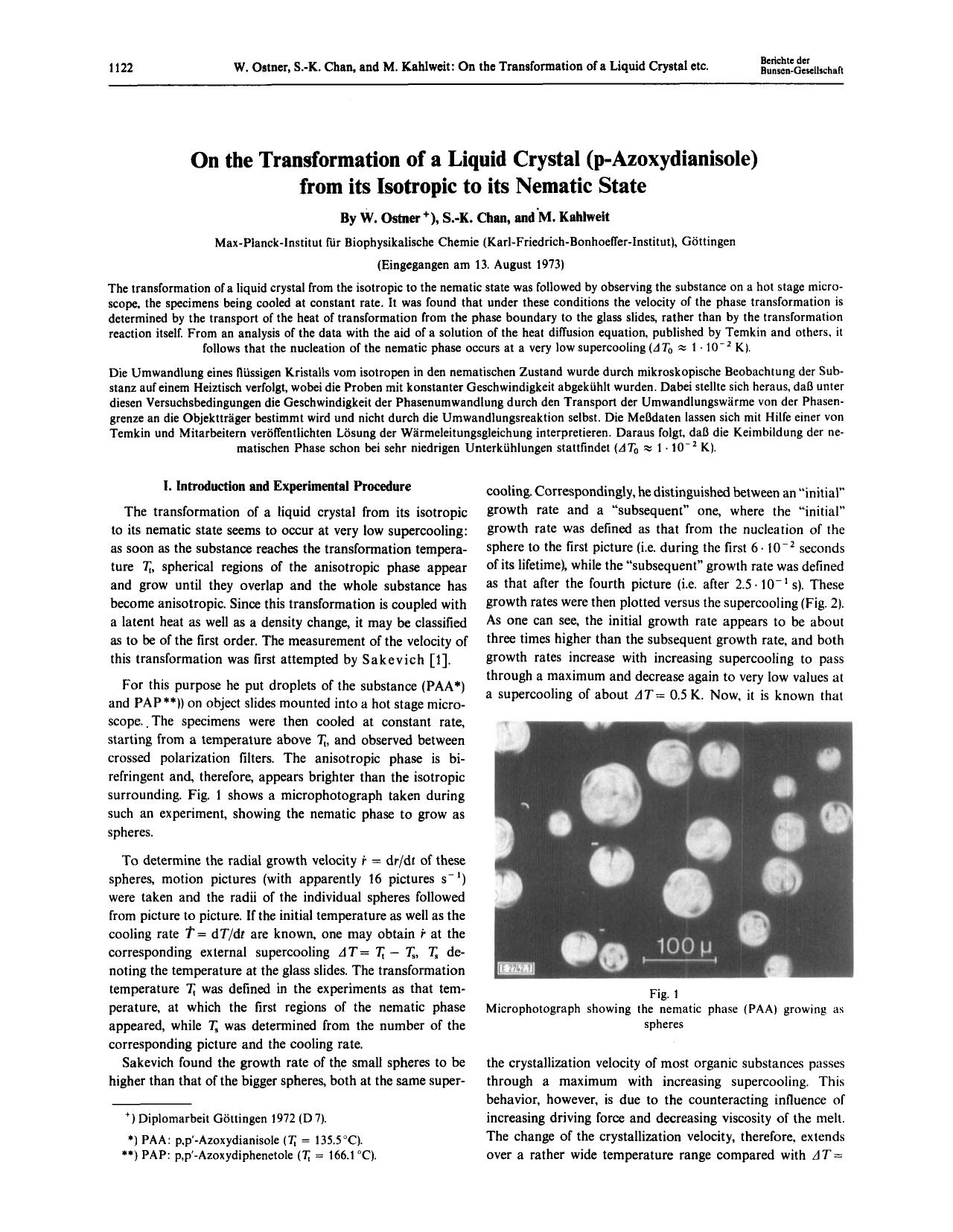 On the Transformation of a Liquid Crystal (p-Azoxydianisole) from its Isotropic to its Nematic State by Unknown