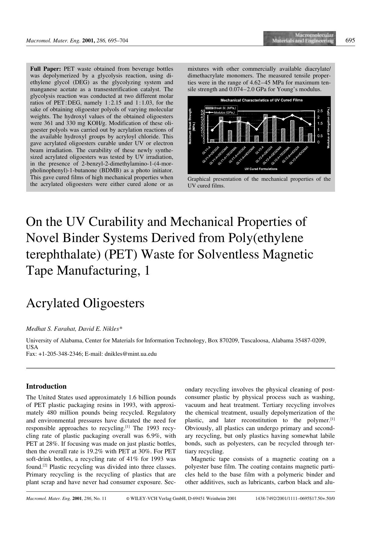 On the UV Curability and Mechanical Properties of Novel Binder Systems Derived from Poly(ethylene terephthalate) (PET) Waste for Solventless Magnetic Tape Manufacturing, 1. Acrylated Oligoesters by Unknown