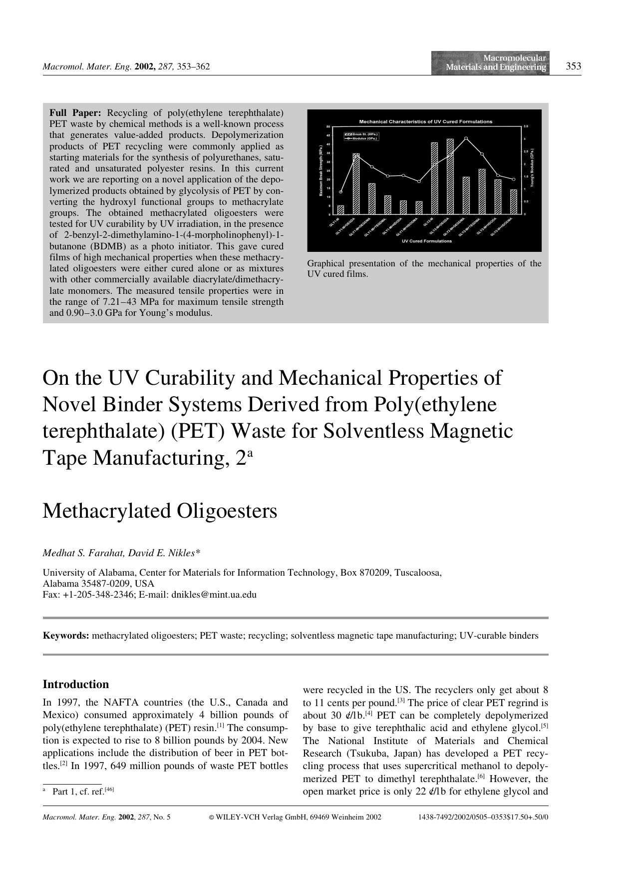 On the UV Curability and Mechanical Properties of Novel Binder Systems Derived from Poly(ethylene terephthalate) (PET) Waste for Solventless Magnetic Tape Manufacturing, 2. Methacrylated Oligoesters by Unknown
