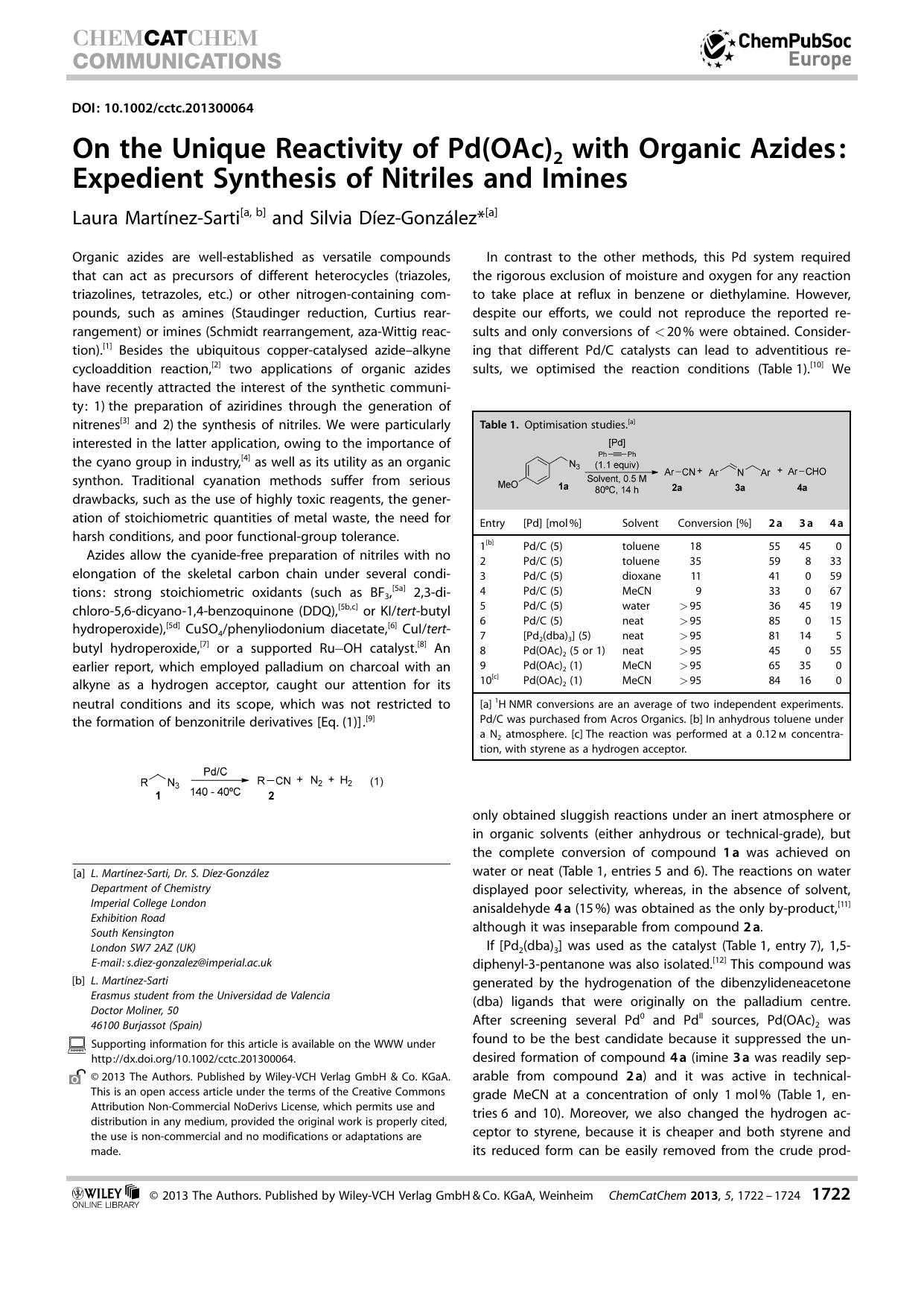 On the Unique Reactivity of Pd(OAc)2 with Organic Azides: Expedient Synthesis of Nitriles and Imines by Unknown