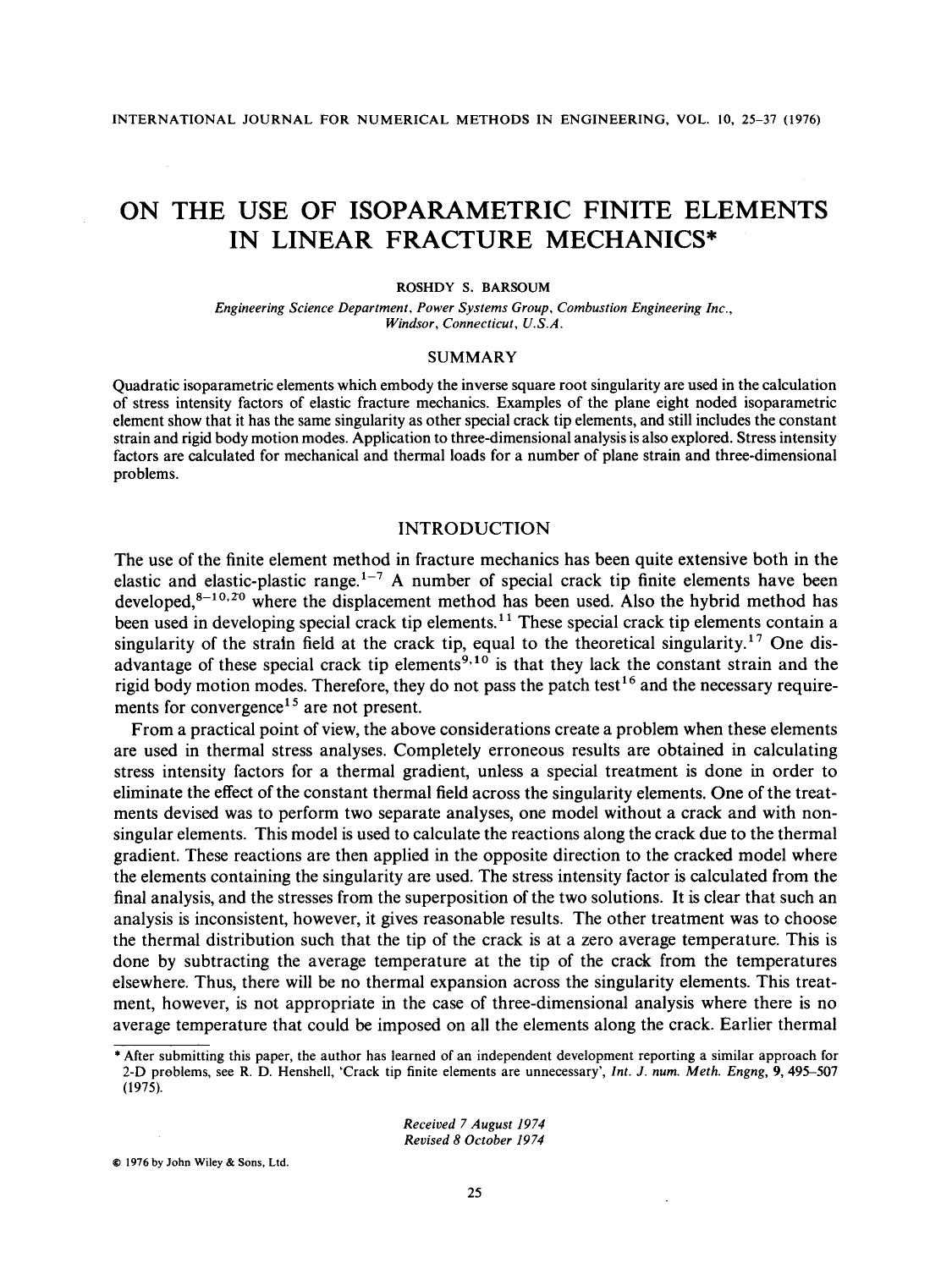 On the Use of Isoparametric Finite Elements in Linear Fracture Mechanics by Roshdy S. Barsoum