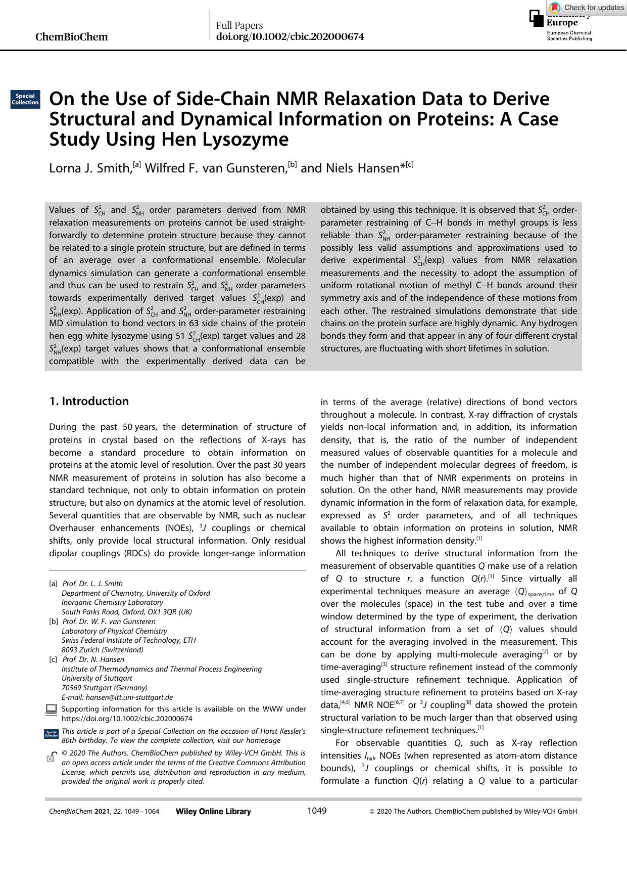 On the Use of SideâChain NMR Relaxation Data to Derive Structural and Dynamical Information on Proteins: A Case Study Using Hen Lysozyme by Unknown
