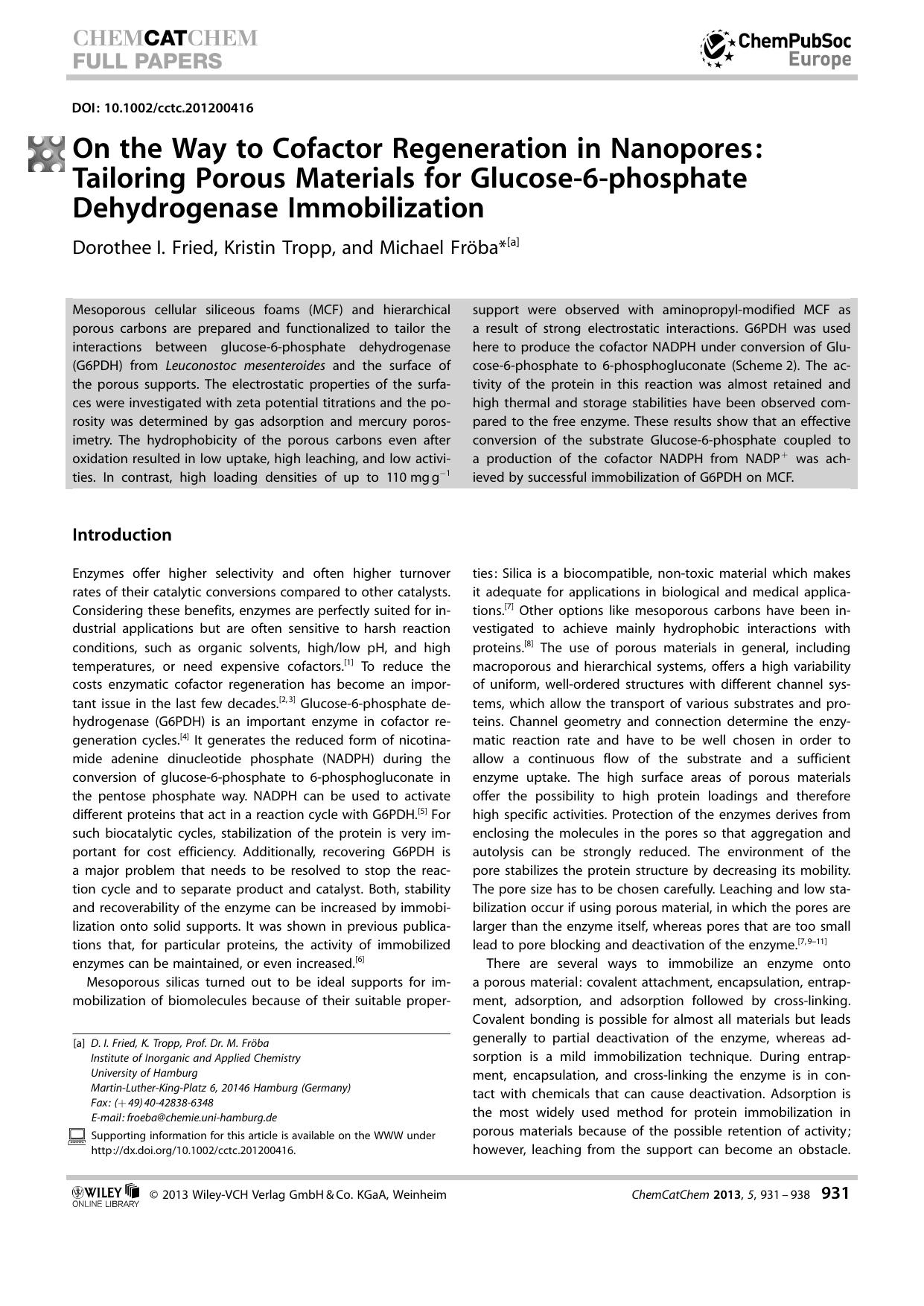 On the Way to Cofactor Regeneration in Nanopores: Tailoring Porous Materials for Glucose6phosphate Dehydrogenase Immobilization by Unknown