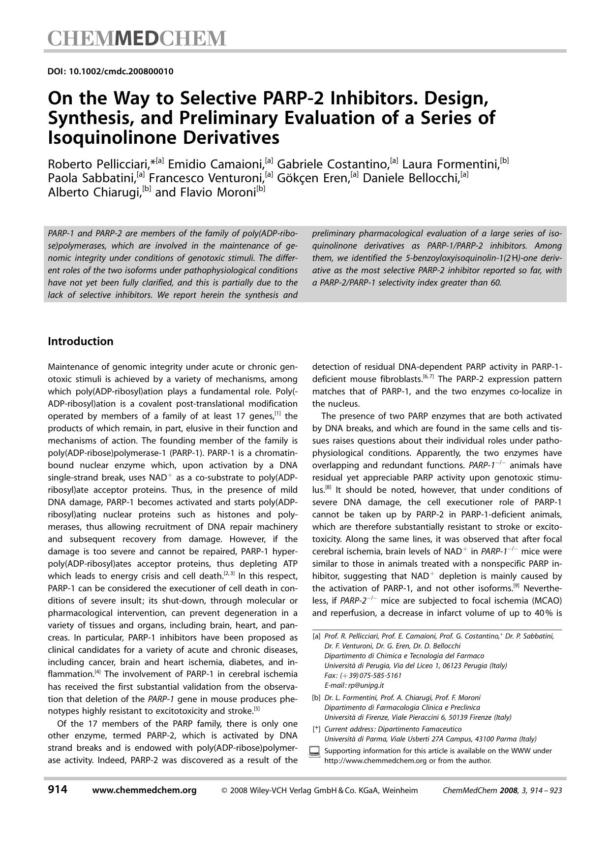 On the Way to Selective PARP-2 Inhibitors. Design, Synthesis, and Preliminary Evaluation of a Series of Isoquinolinone Derivatives by Unknown