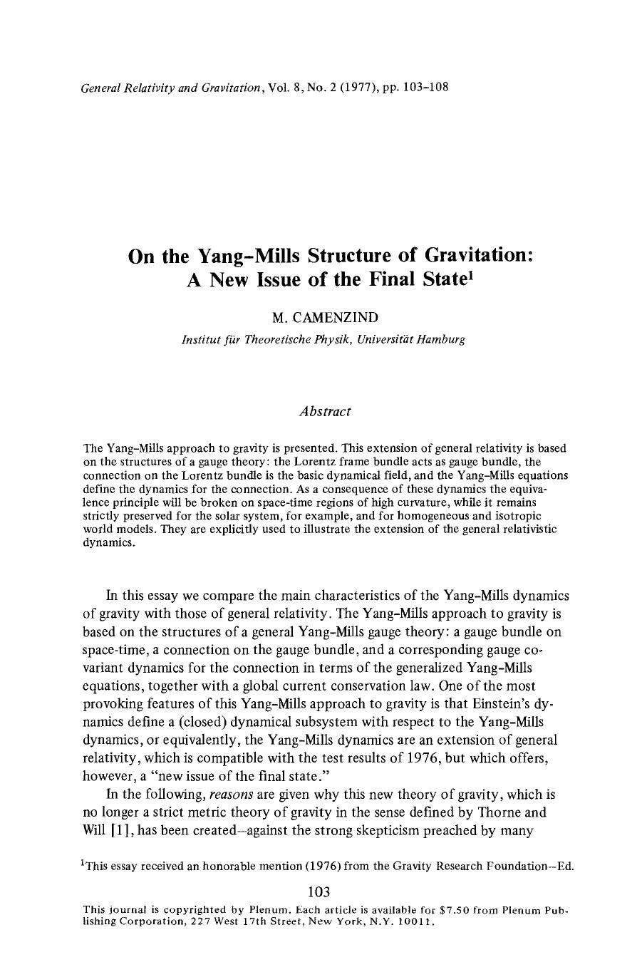 On the Yang-Mills structure of gravitation: A new issue of the final state by Unknown