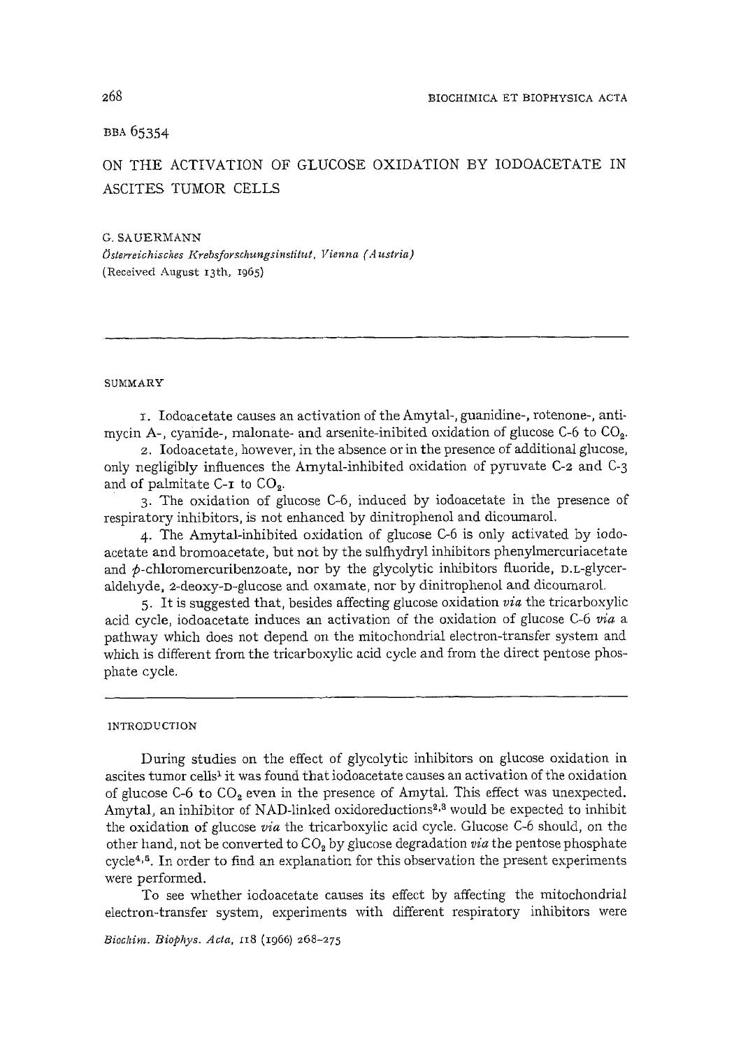 On the activation of glucose oxidation by iodoacetate in ascites tumor cells by G. Sauermann