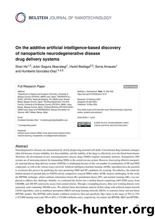 On the additive artificial intelligence-based discovery of nanoparticle neurodegenerative disease drug delivery systems by Shan He Julen Segura Abarrategi Harbil Bediaga Sonia Arrasate Humberto González-Díaz