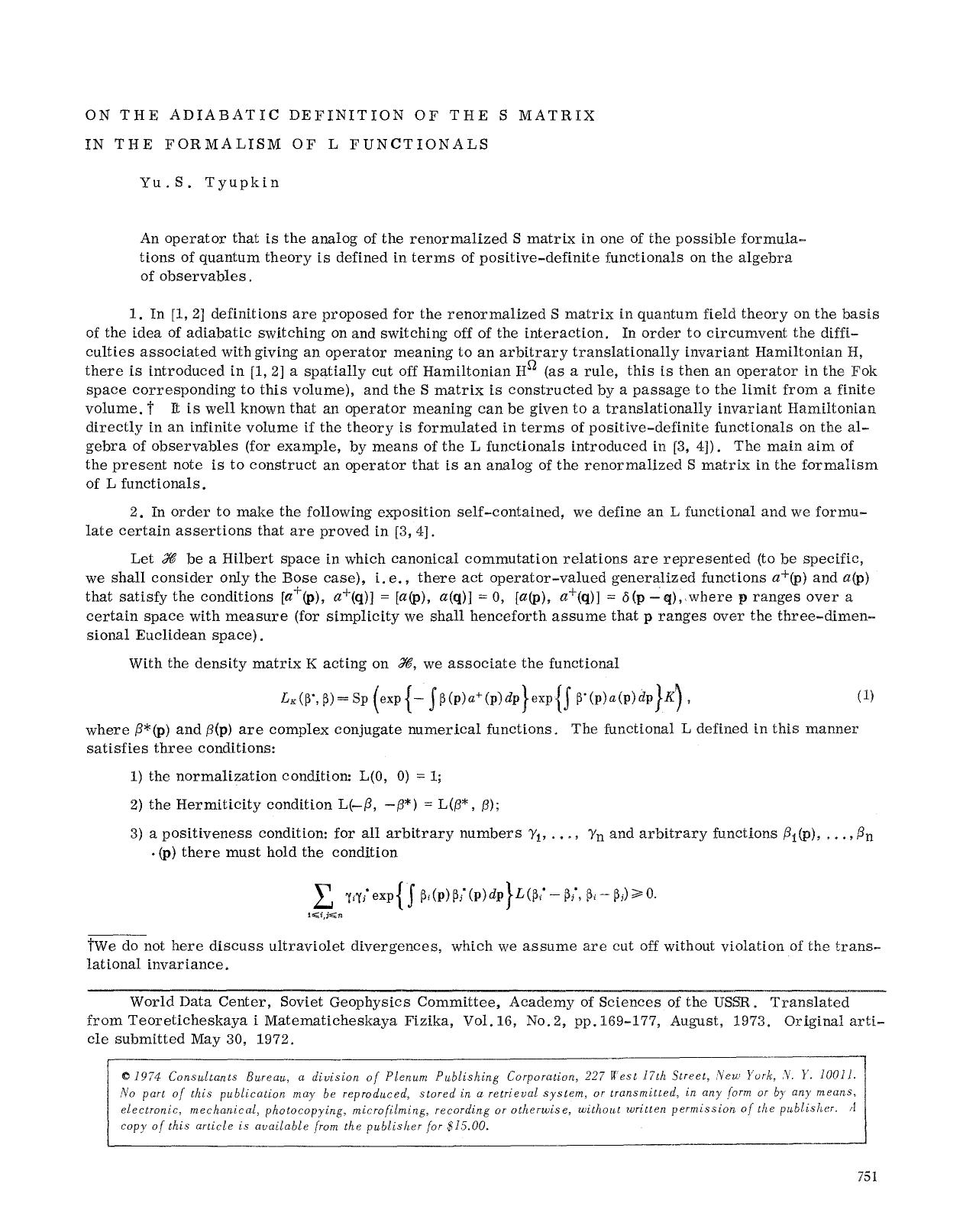 On the adiabatic definition of the S matrix in the formalism of L functionals by Unknown