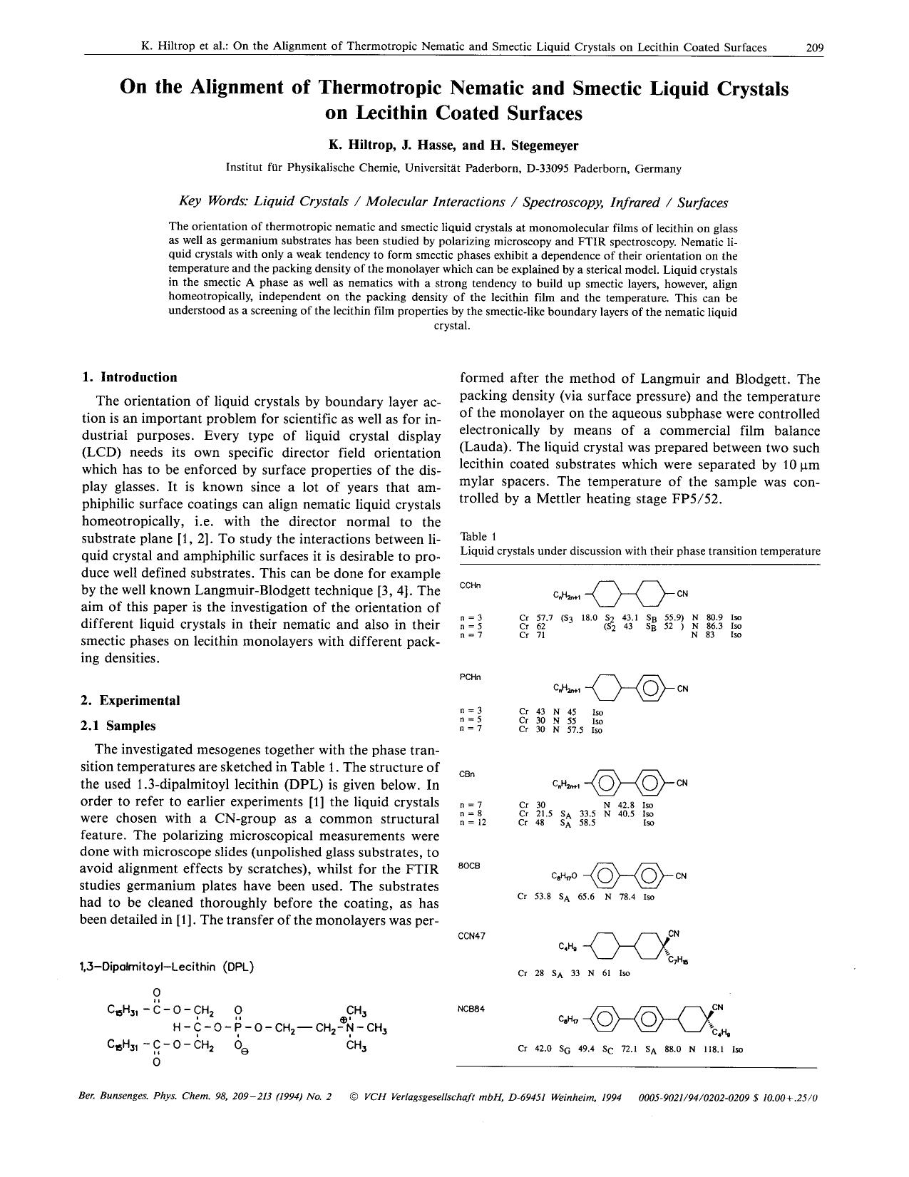 On the alignment of thermotropic nematic and smectic liquid crystals on lecithin coated surfaces by Unknown