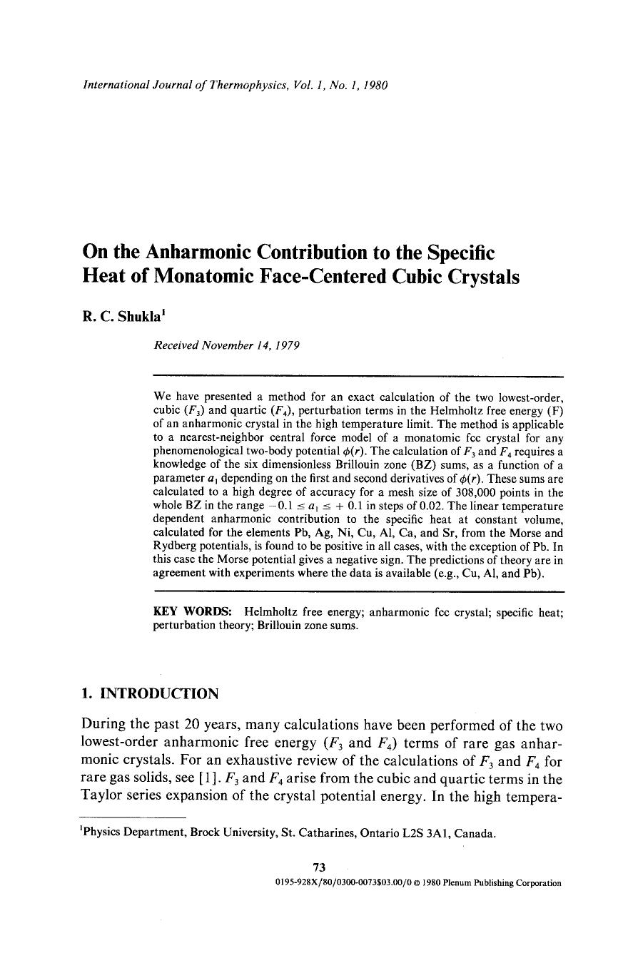 On the anharmonic contribution to the specific heat of monatomic face-centered cubic crystals by Unknown