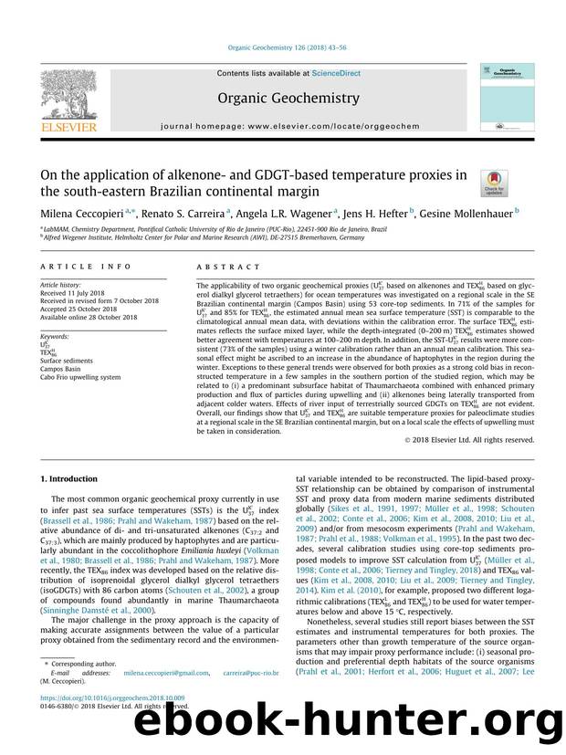 On the application of alkenone- and GDGT-based temperature proxies in the south-eastern Brazilian continental margin by Milena Ceccopieri & Renato S. Carreira & Angela L.R. Wagener & Jens H. Hefter & Gesine Mollenhauer