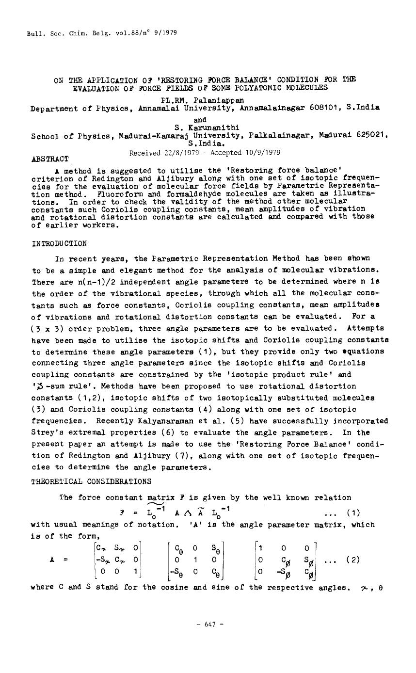 On the application of restoring force balance condition for the evaluation of force fields of some polyatomic molecules by Unknown