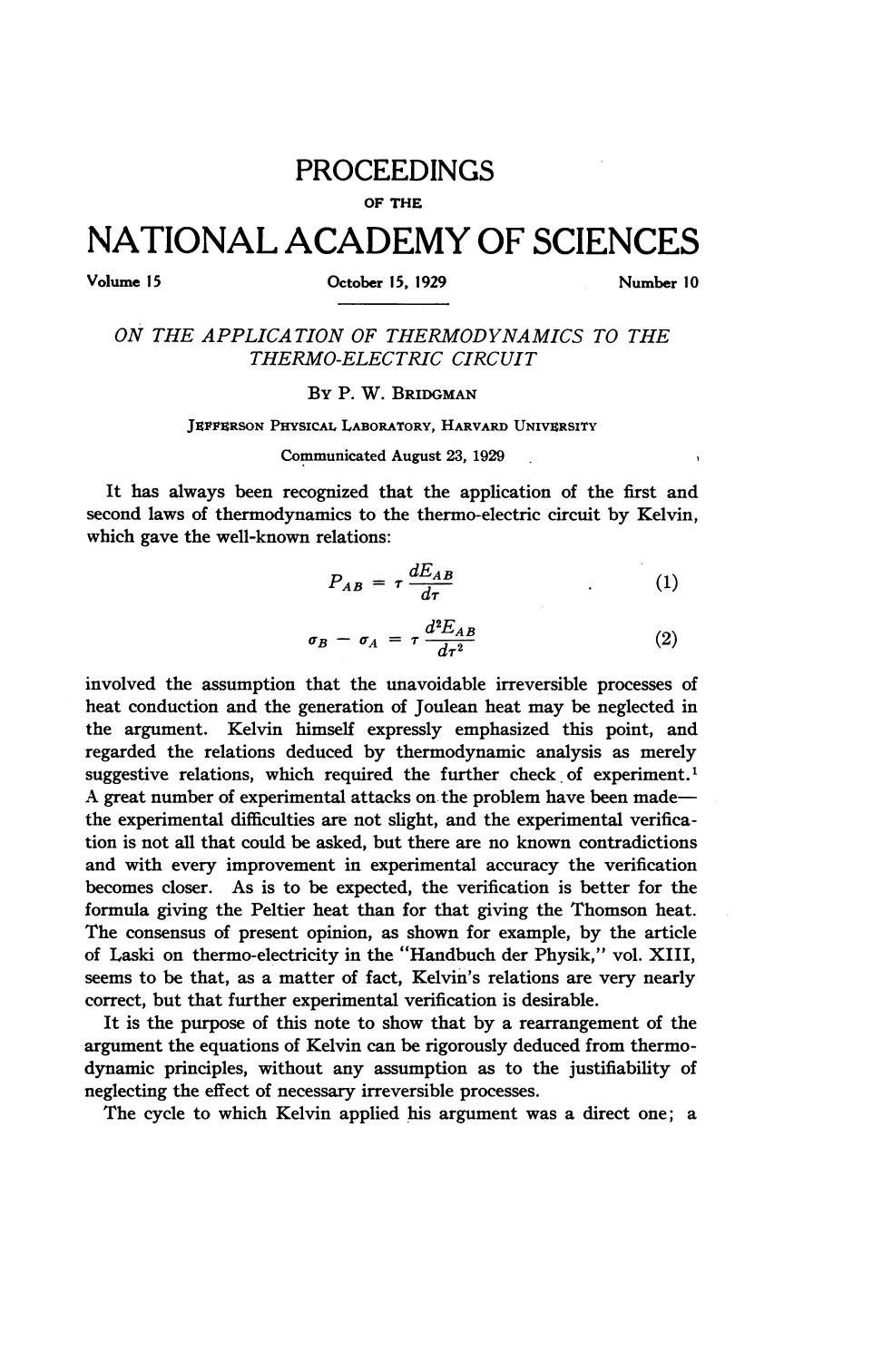 On the application of thermodynemics to the thermo-electric circuit by Percy Williams Bridgman