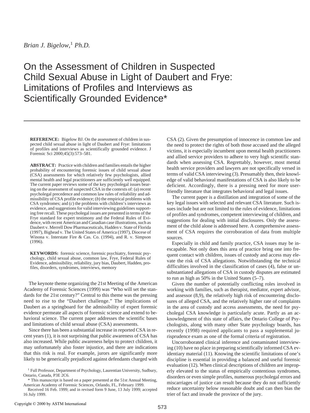 On the assessment of children in suspected child sexual abuse in light of Daubert and Frye: limitations of profiles and interviews as scientifically grounded evidence by Bigelow BJ