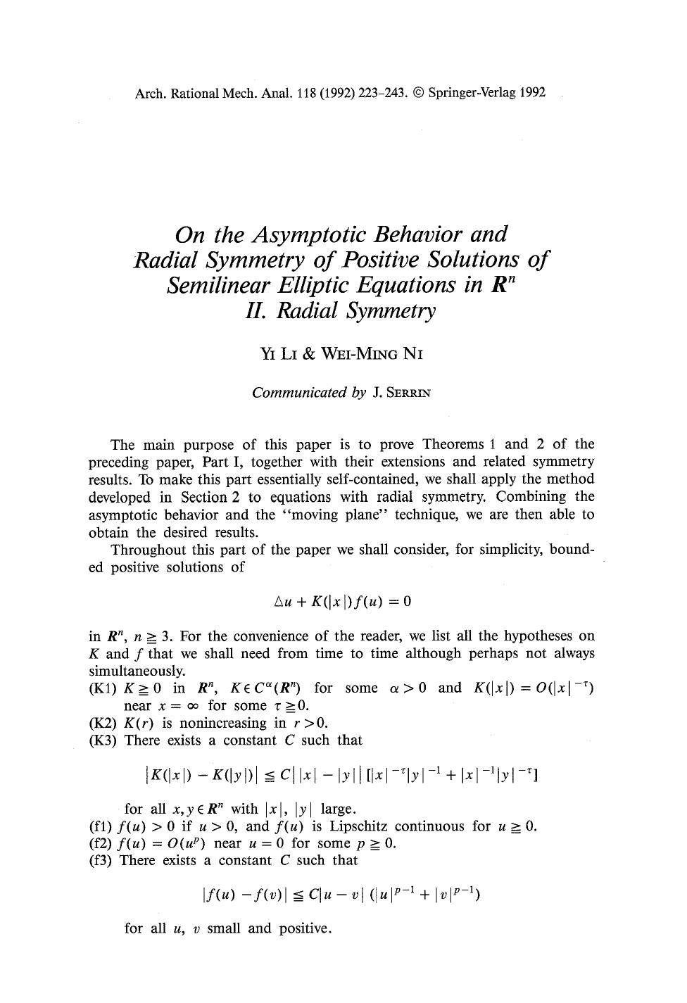 On the asymptotic behavior and radial symmetry of positive solutions of semilinear elliptic equations in <Emphasis Type="Bold">R<Emphasis> <Superscript>n<Superscript> II. Radial symmetry by Unknown