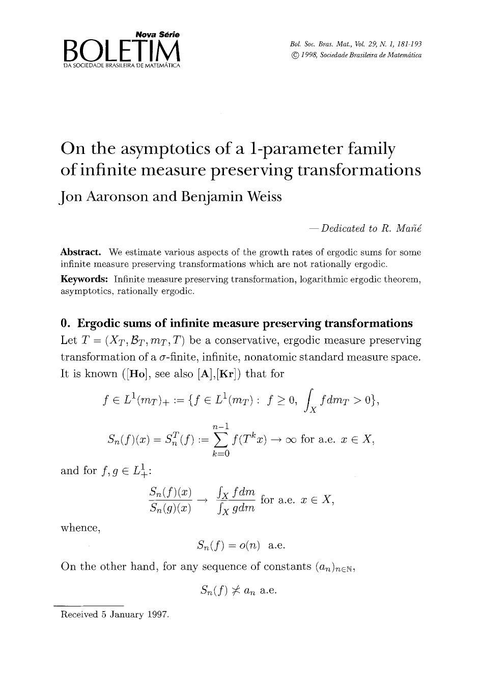 On the asymptotics of a 1-parameter family of infinite measure preserving transformations by Unknown