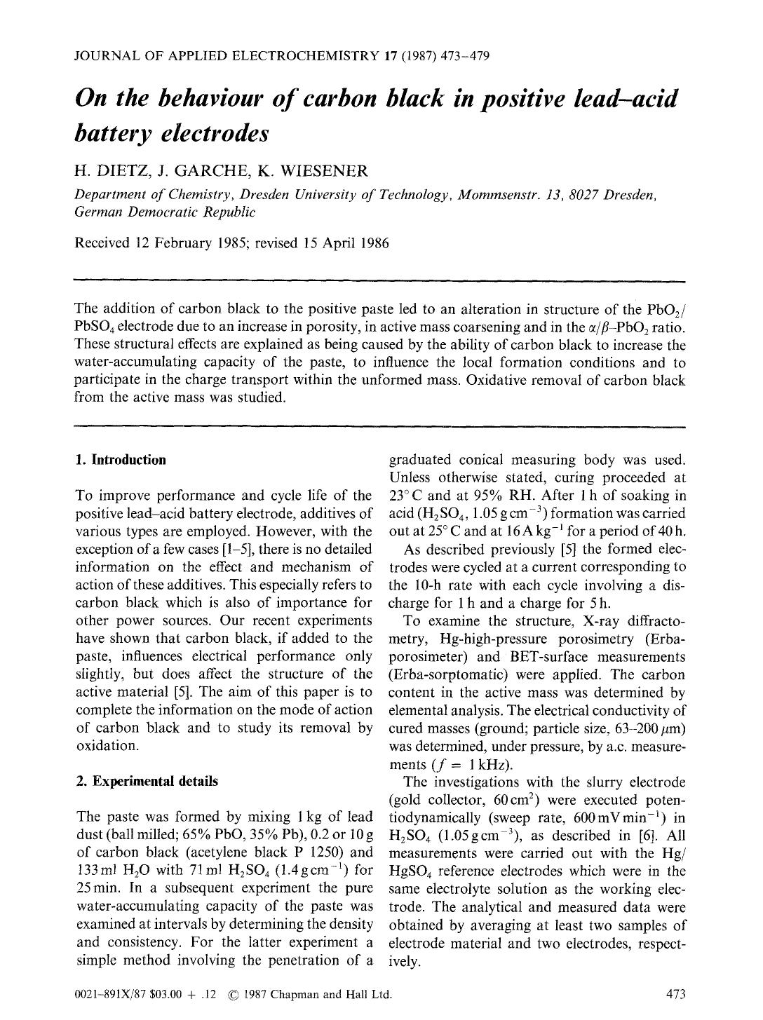 On the behaviour of carbon black in positive lead-acid battery electrodes by Unknown