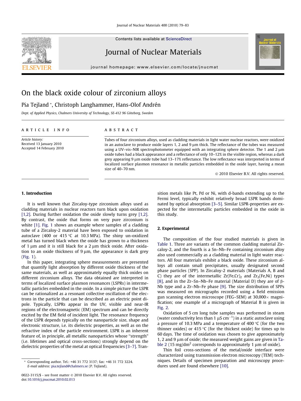 On the black oxide colour of zirconium alloys by Pia Tejland; Christoph Langhammer; Hans-Olof Andrén