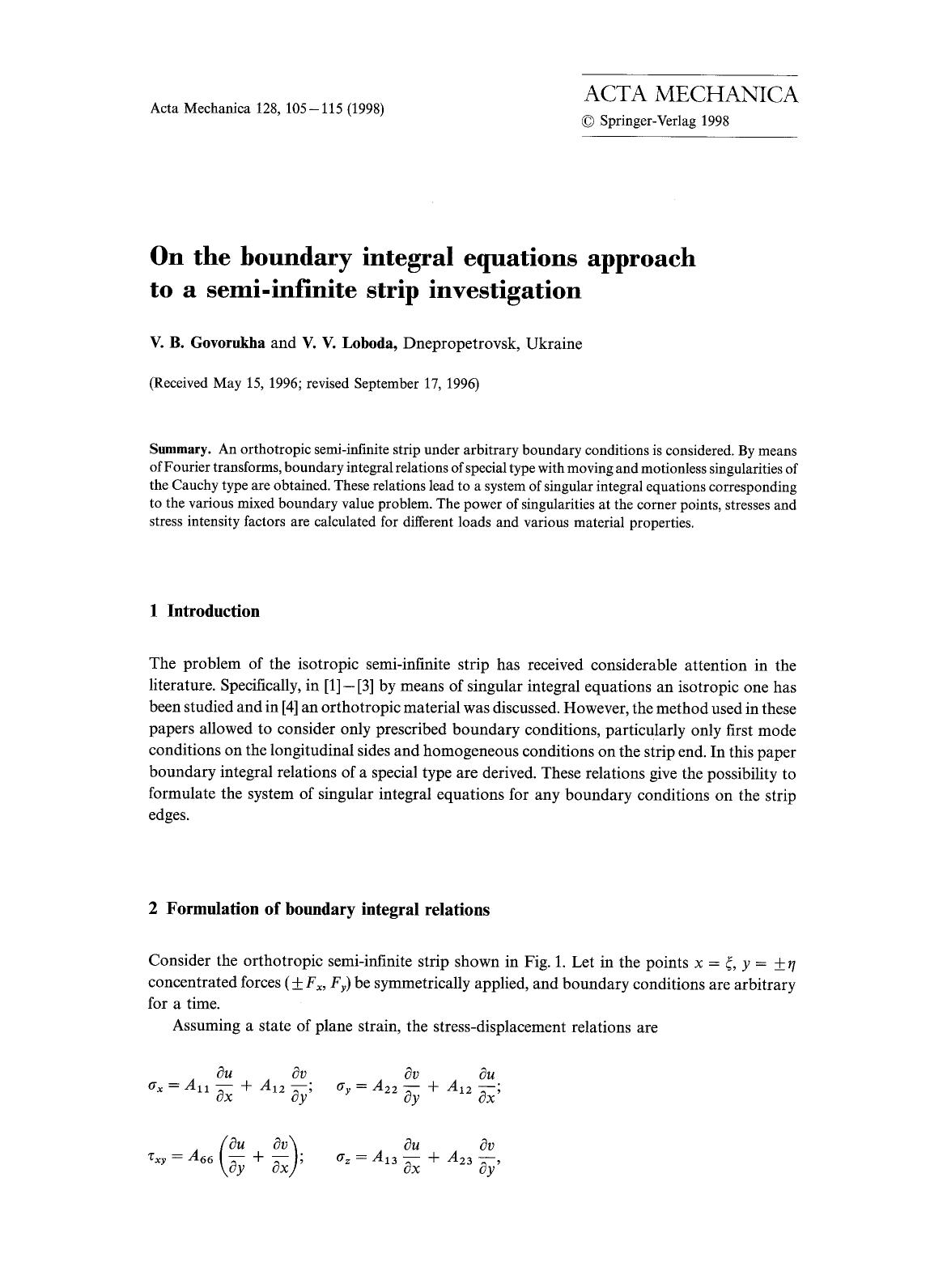 On the boundary integral equations approach to a semi-infinite strip investigation by Unknown