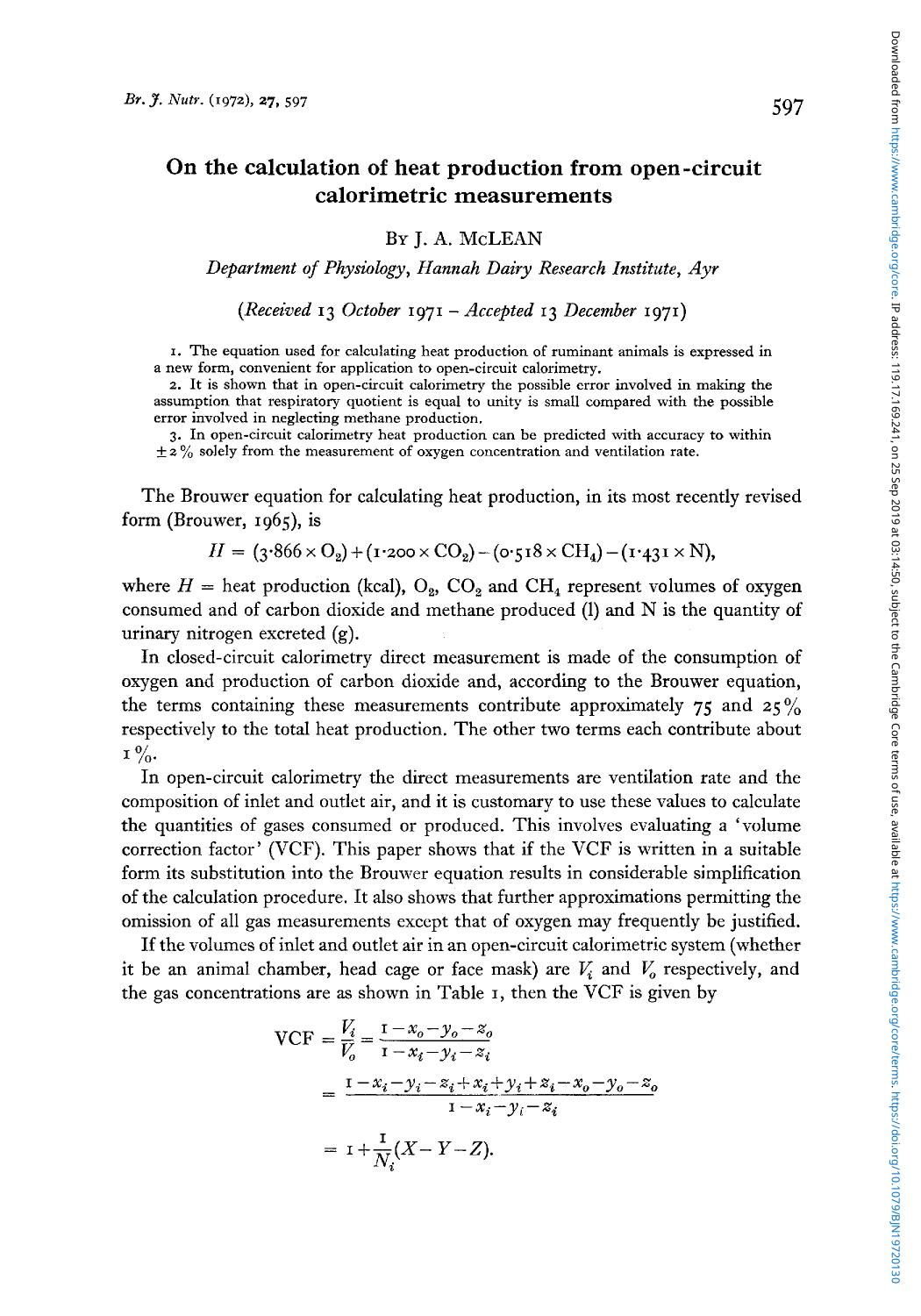 On the calculation of heat production from open-circuit calorimetric measurements by J. A. McLean