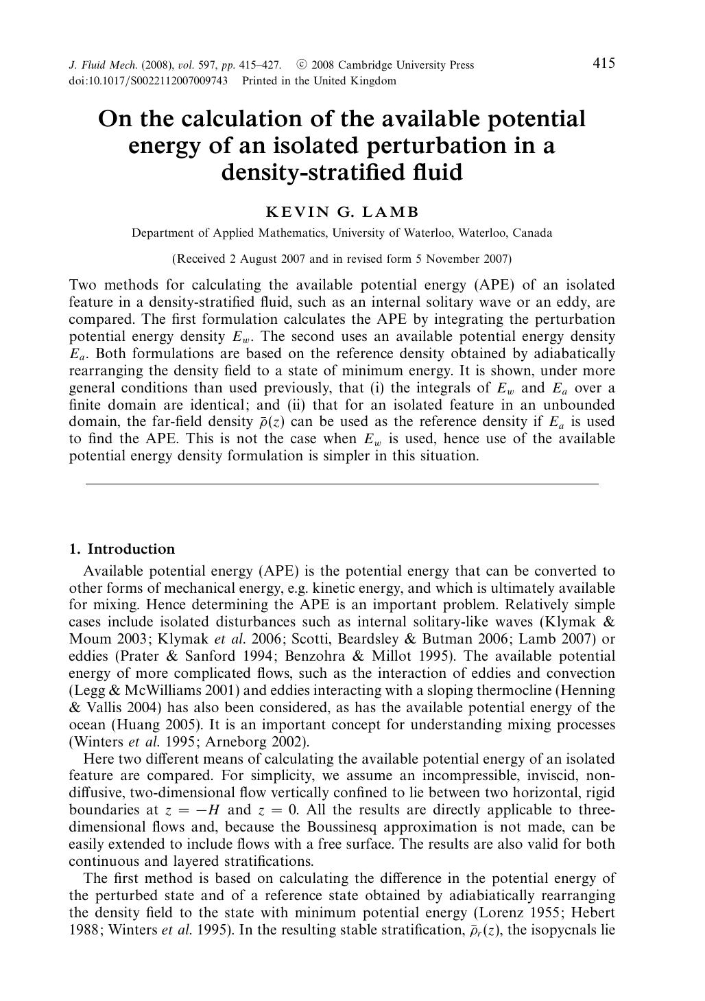 On the calculation of the available potential energy of an isolated perturbation in a density-stratified fluid by KEVIN G. LAMB