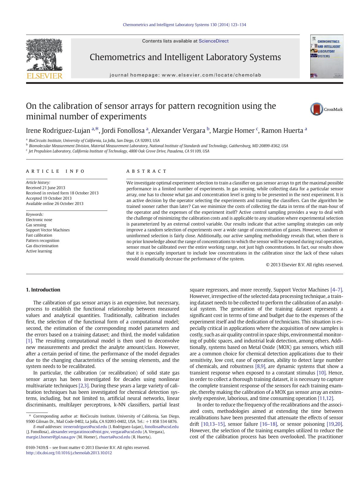 On the calibration of sensor arrays for pattern recognition using the minimal number of experiments by Irene Rodriguez-Lujan & Jordi Fonollosa & Alexander Vergara & Margie Homer & Ramon Huerta