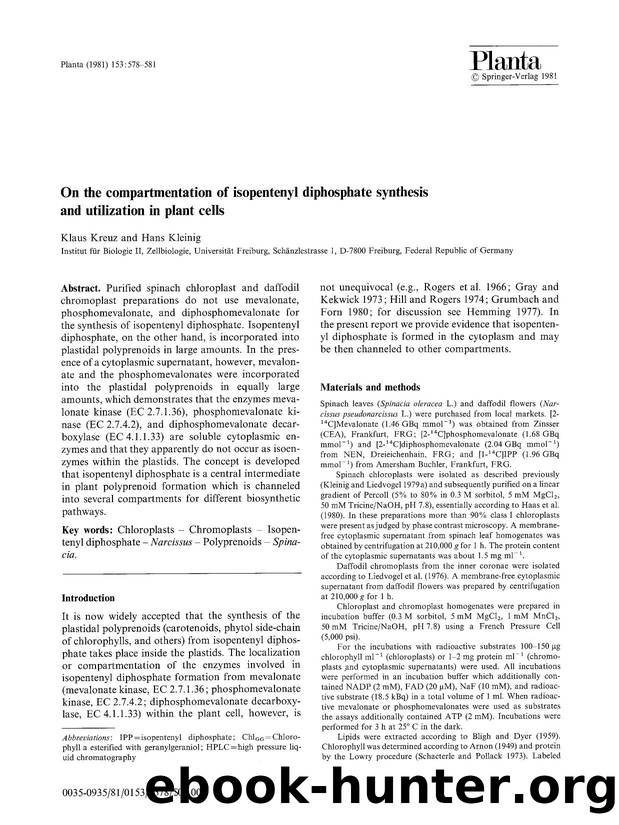 On the compartmentation of isopentenyl diphosphate synthesis and utilization in plant cells by Unknown