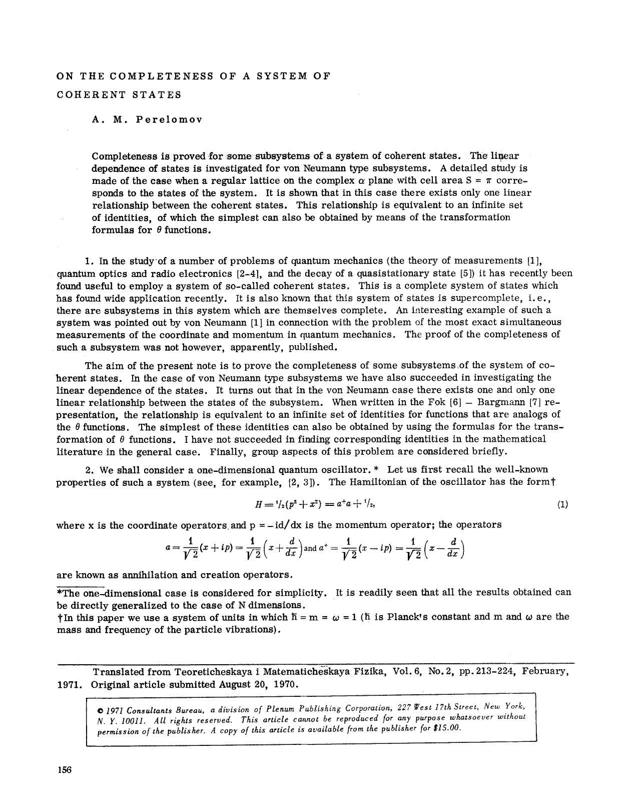 On the completeness of a system of coherent states by Unknown