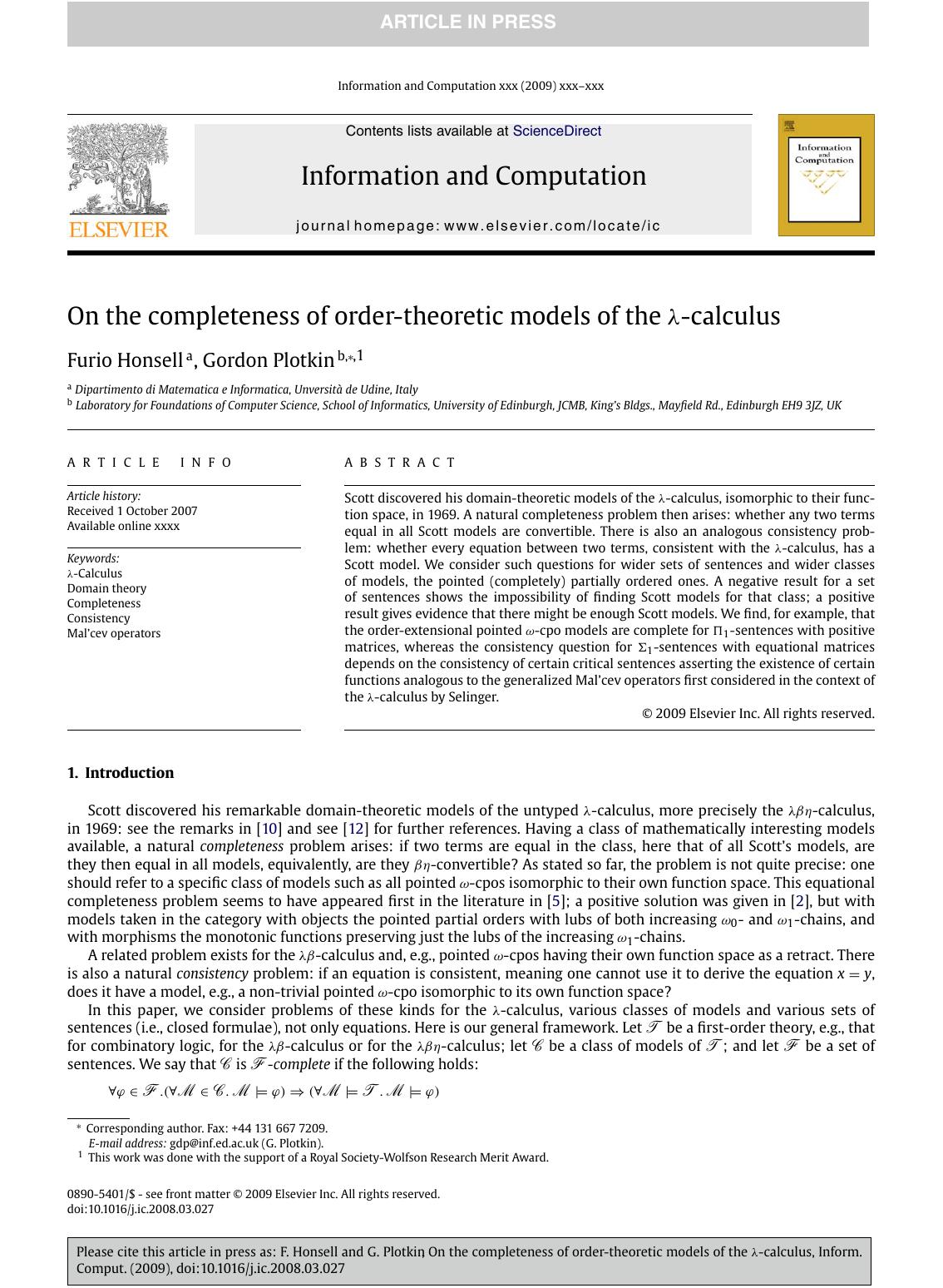 On the completeness of order-theoretic models of the Î»-calculus by Furio Honsell; Gordon Plotkin