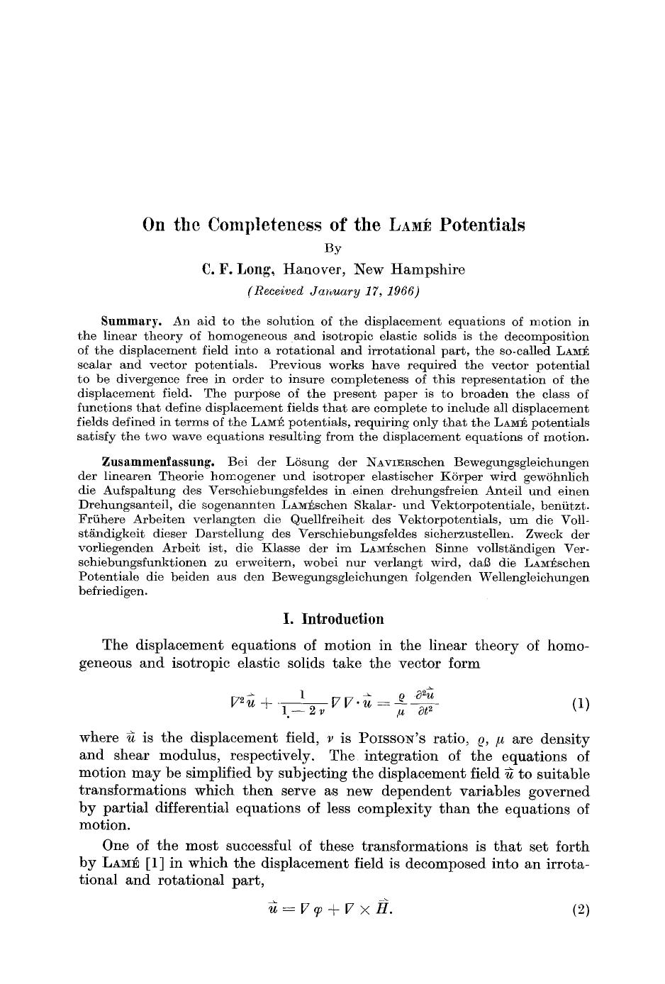 On the completeness of the <Emphasis Type="SmallCaps">Lam&#x00E9; <Emphasis> potentials by Unknown