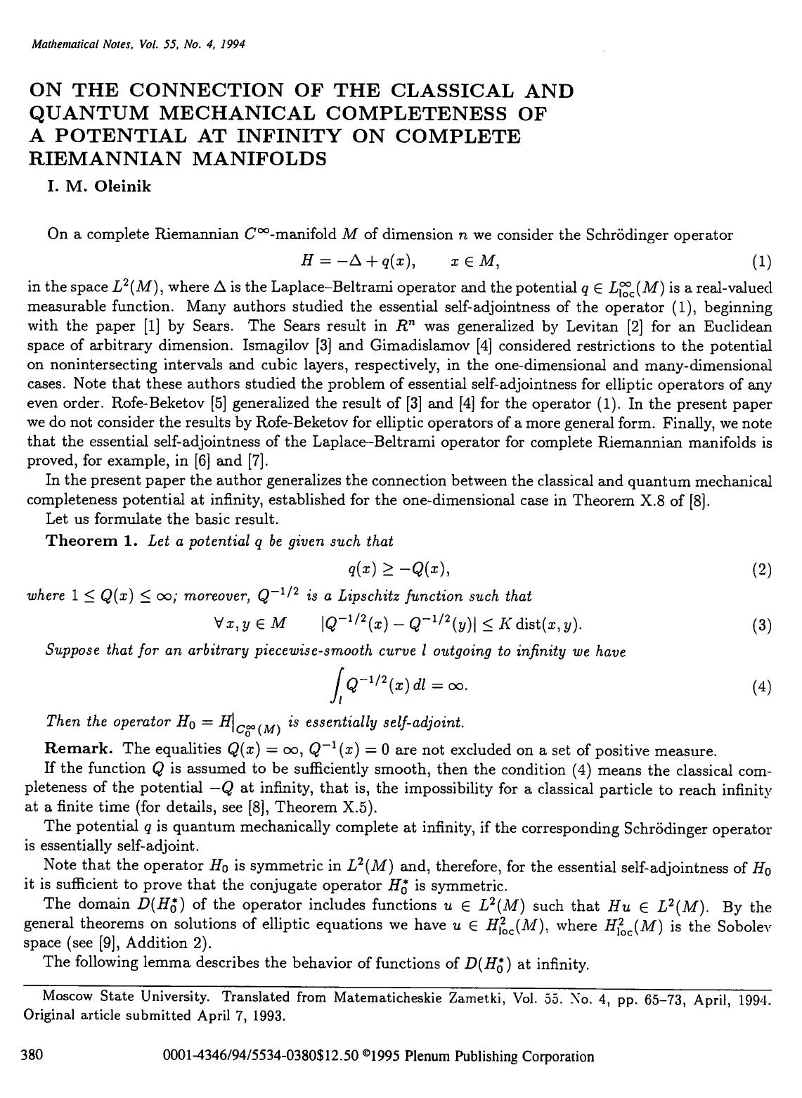 On the connection of the classical and quantum mechanical completeness of a potential at infinity on complete Riemannian manifolds by Unknown