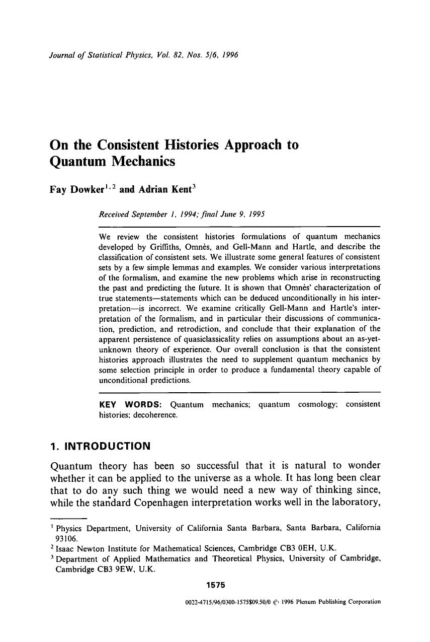 On the consistent histories approach to quantum mechanics by Unknown