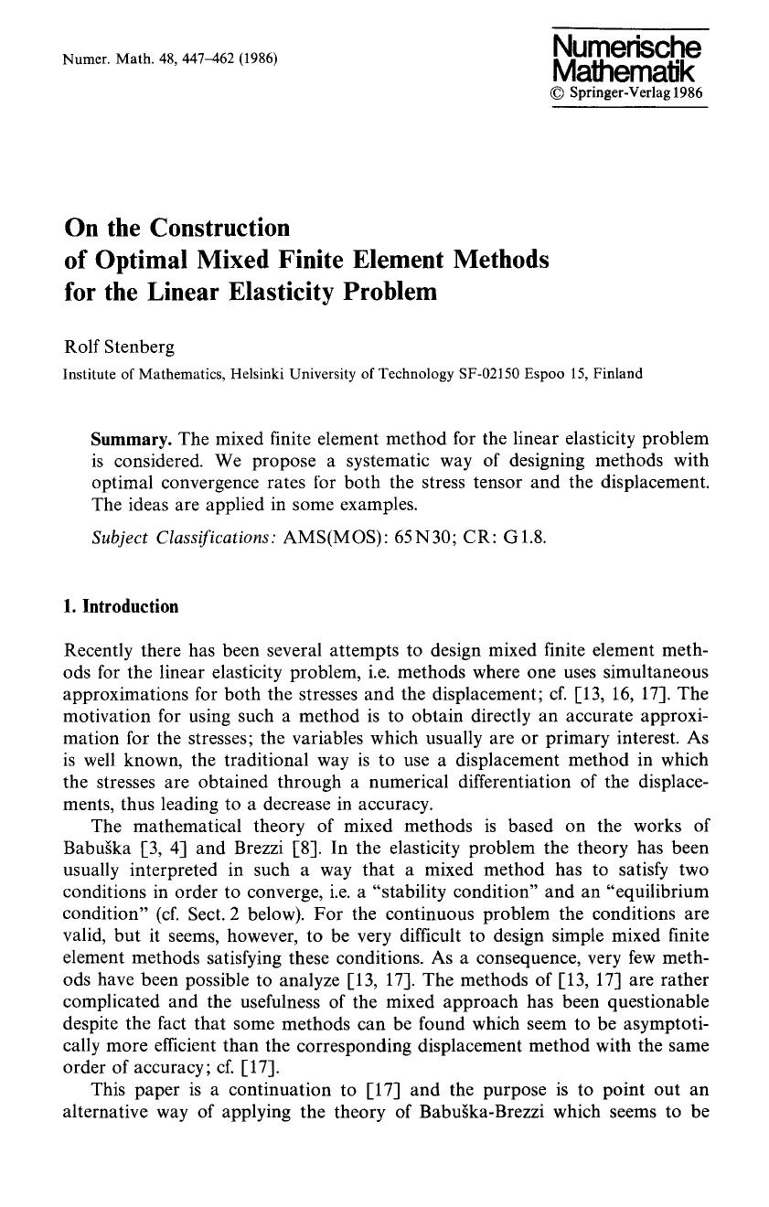 On the construction of optimal mixed finite element methods for the linear elasticity problem by Unknown