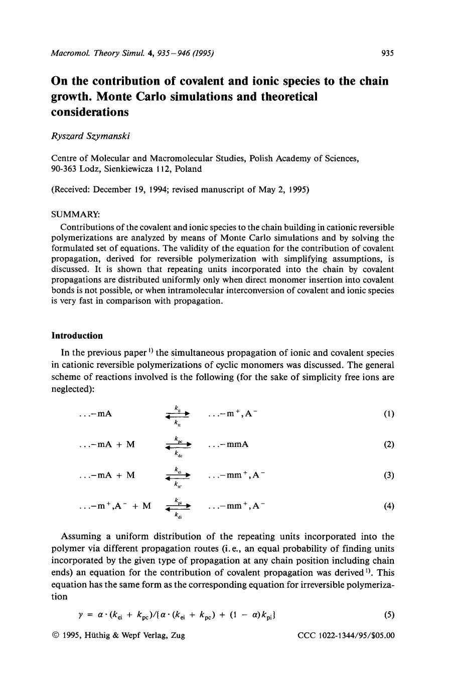 On the contribution of covalent and ionic species to the chain growth. Monte Carlo simulations and theoretical considerations by Unknown