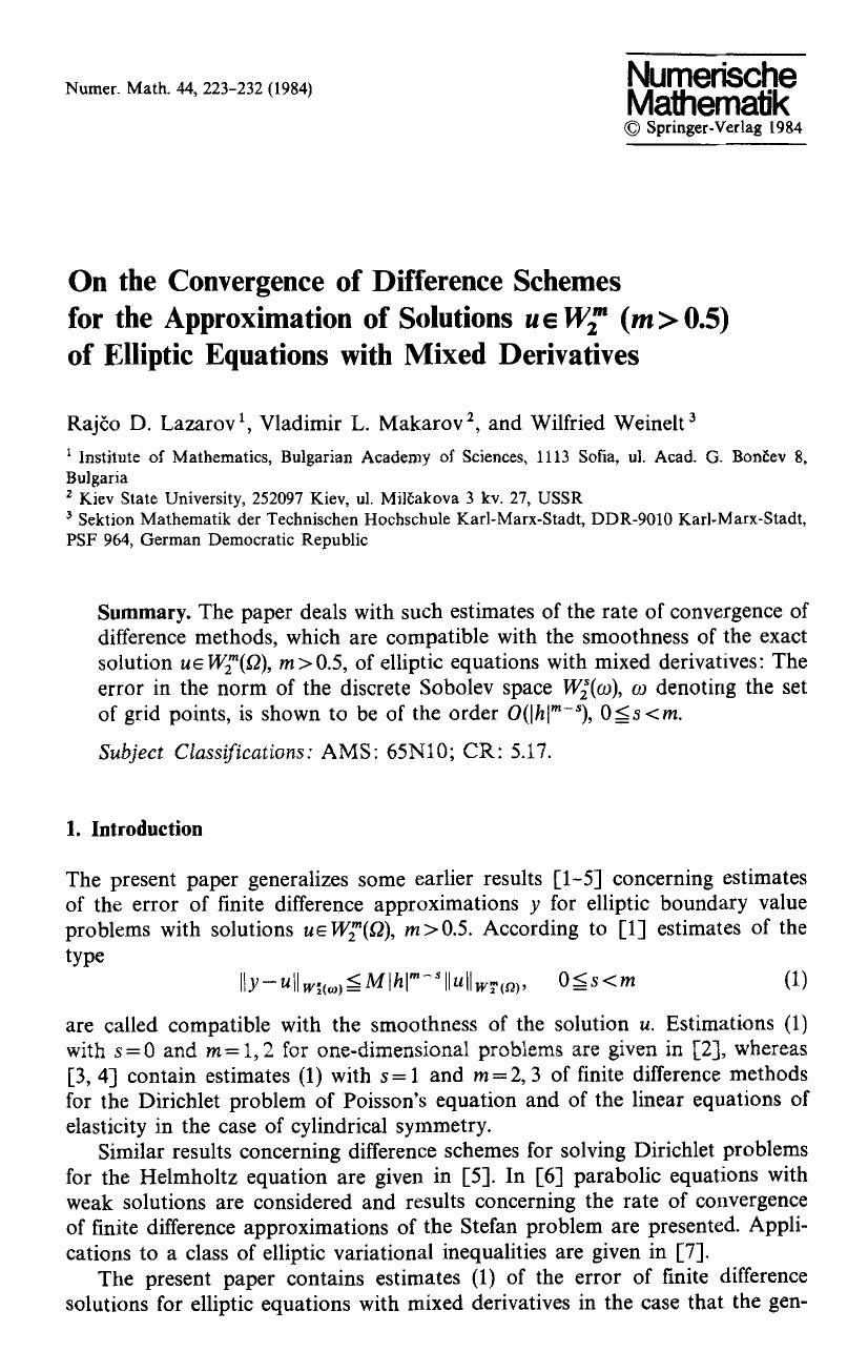 On the convergence of difference schemes for the approximation of solutions <Emphasis Type="Italic">u &#x2208; W <Emphasis> <Stack> <Subscript>2 <Subscript> <Superscript> <Emphasis by Unknown