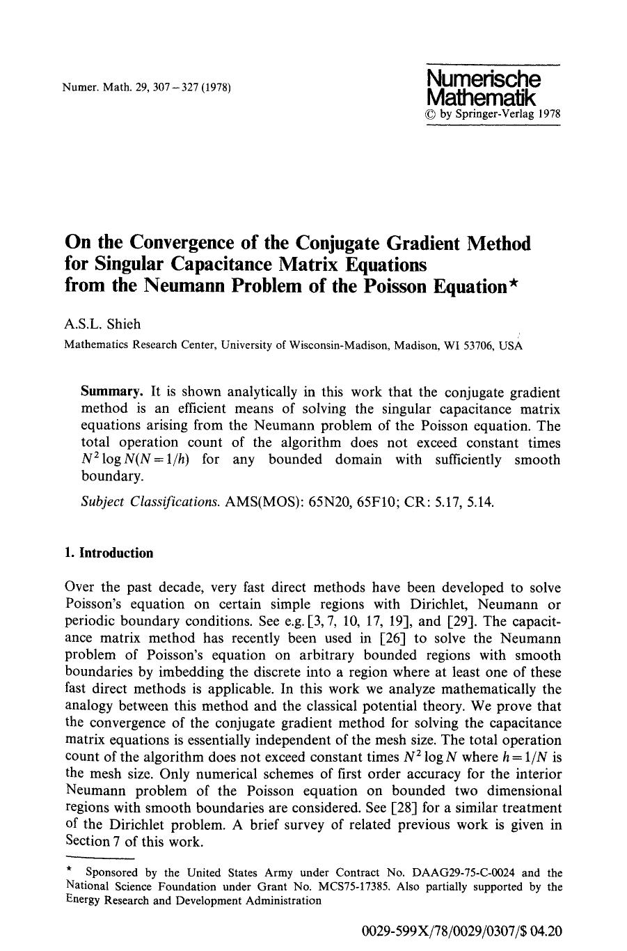 On the convergence of the conjugate gradient method for singular capacitance matrix equations from the Neumann problem of the Poisson equation by Unknown