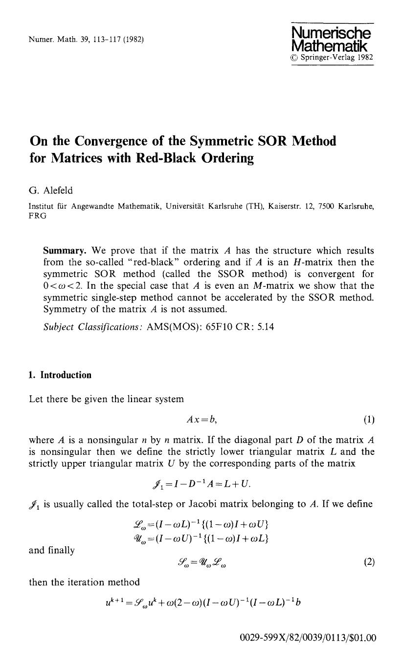 On the convergence of the symmetric SOR method for matrices with red-black ordering by Unknown