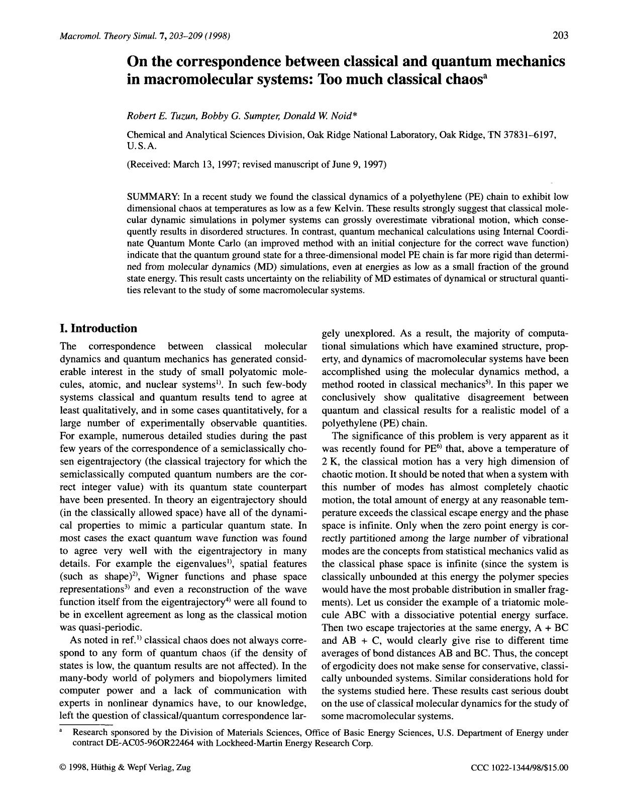 On the correspondence between classical and quantum mechanics in macromolecular systems: Too much classical chaos by Unknown