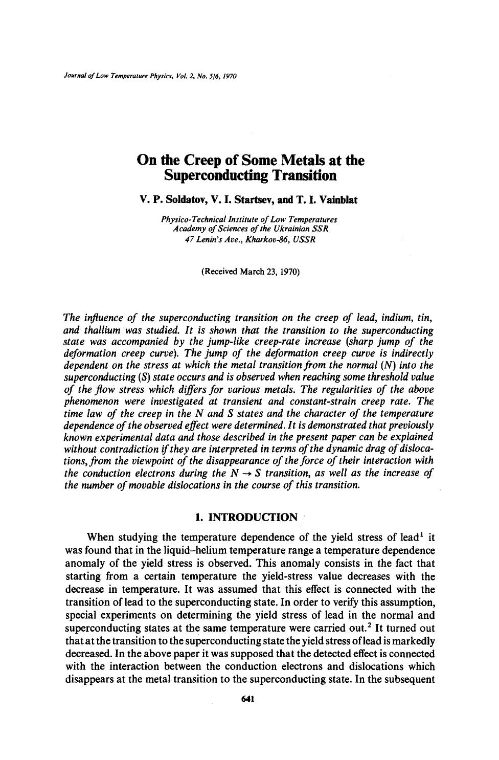 On the creep of some metals at the superconducting transition by Unknown