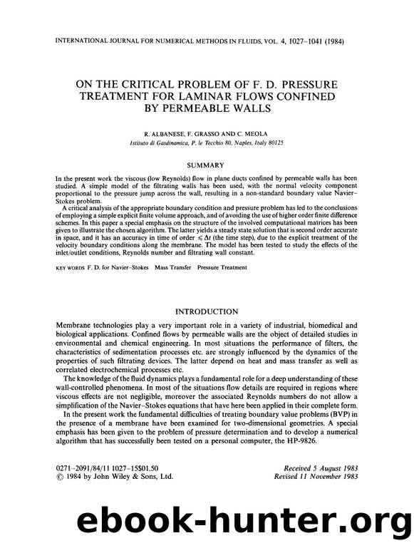 On the critical problem of F. D. pressure treatment for laminar flows confined by permeable walls by Unknown
