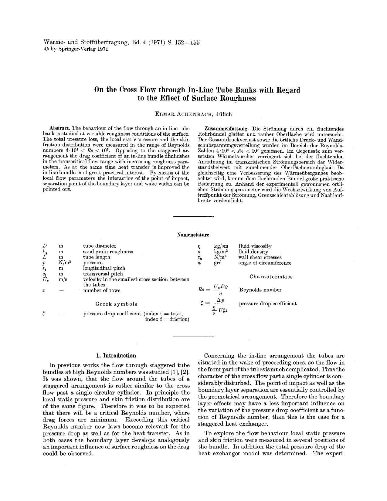 On the cross flow through in-line tube banks with regard to the effect of surface roughness by Unknown