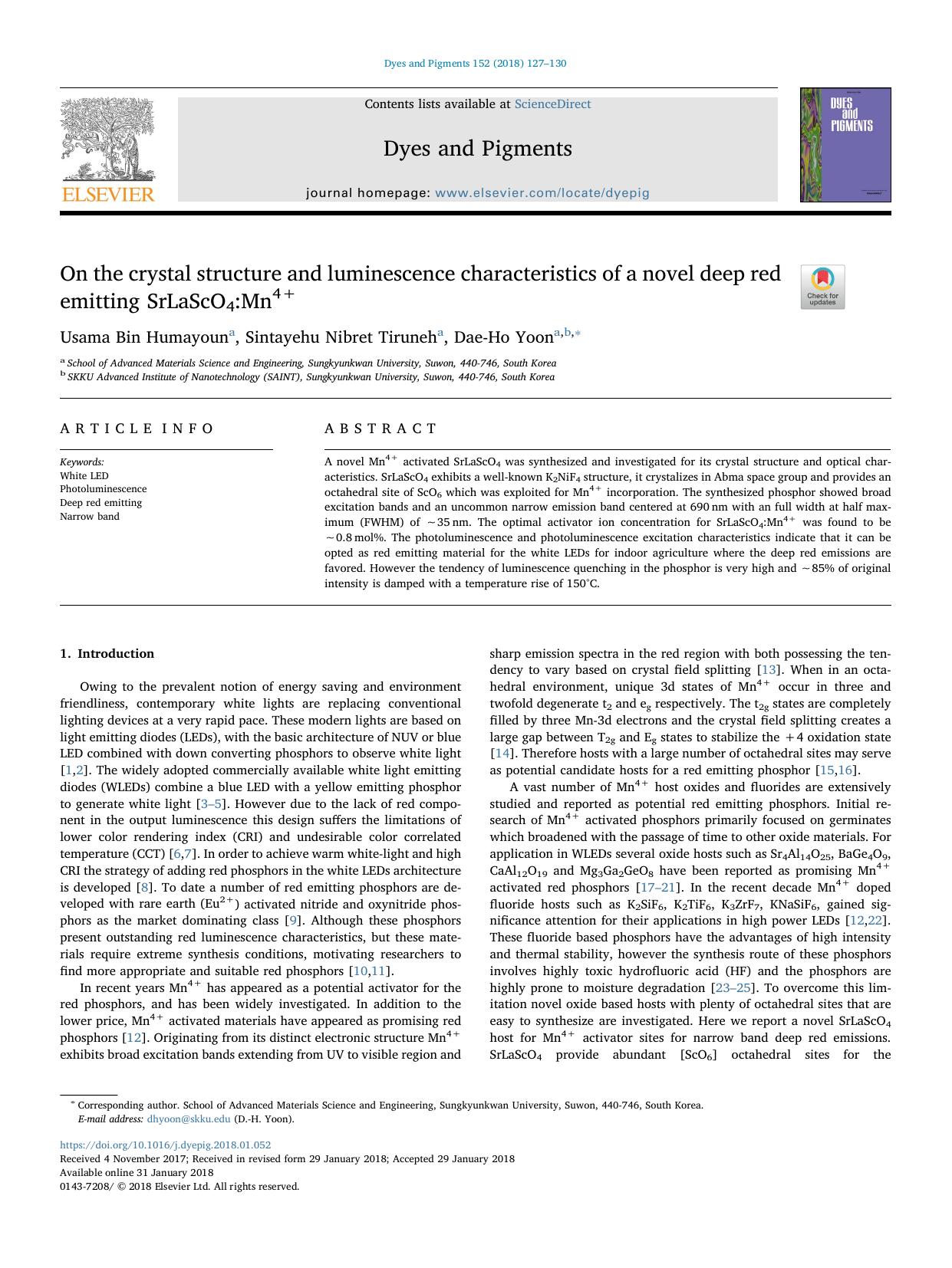 On the crystal structure and luminescence characteristics of a novel deep red emitting SrLaScO4_Mn4+ by Usama Bin Humayoun & Sintayehu Nibret Tiruneh & Dae-Ho Yoon