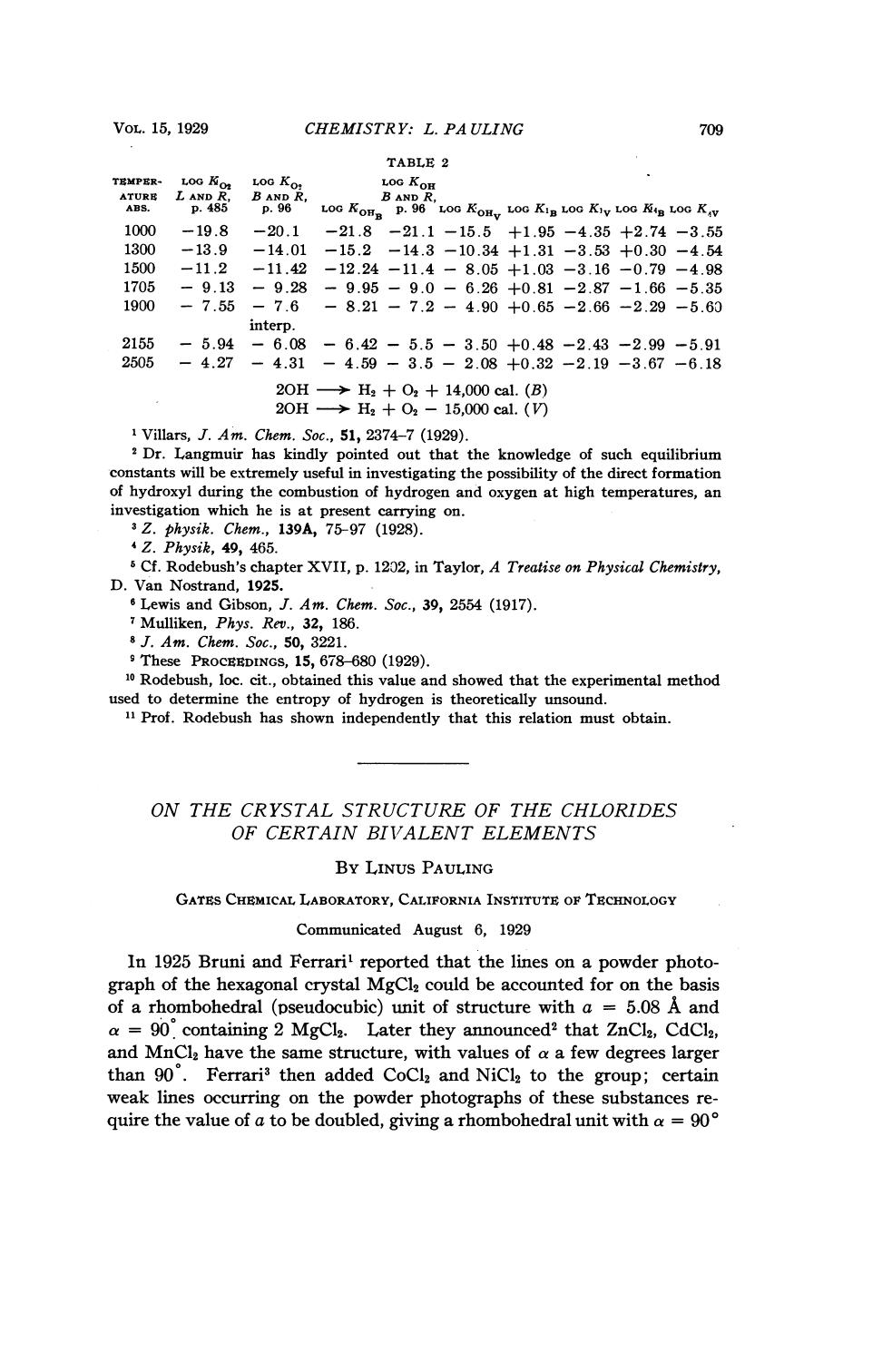 On the crystal structure of the chlorides of certain bivalent elements by Pauling L