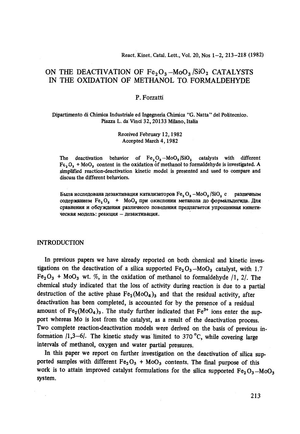 On the deactivation of Fe <Subscript>2 <Subscript>O <Subscript>3 <Subscript>&#x2212;MoO <Subscript>3 <Subscript>SiO <Subscript>2 <Subscript> catalysts in the oxidation of methanol to formaldehyde by Unknown