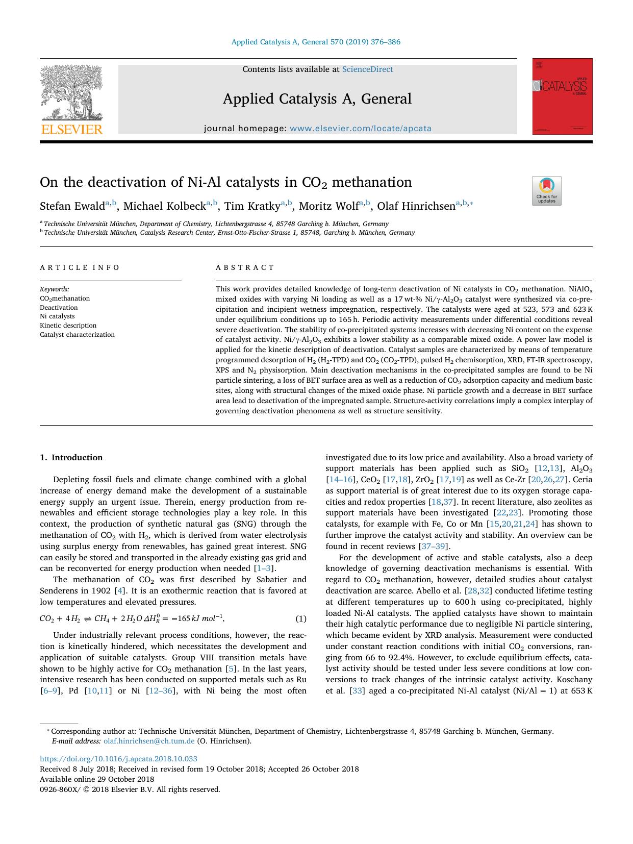 On the deactivation of Ni-Al catalysts in CO2 methanation by Stefan Ewald & Michael Kolbeck & Tim Kratky & Moritz Wolf & Olaf Hinrichsen