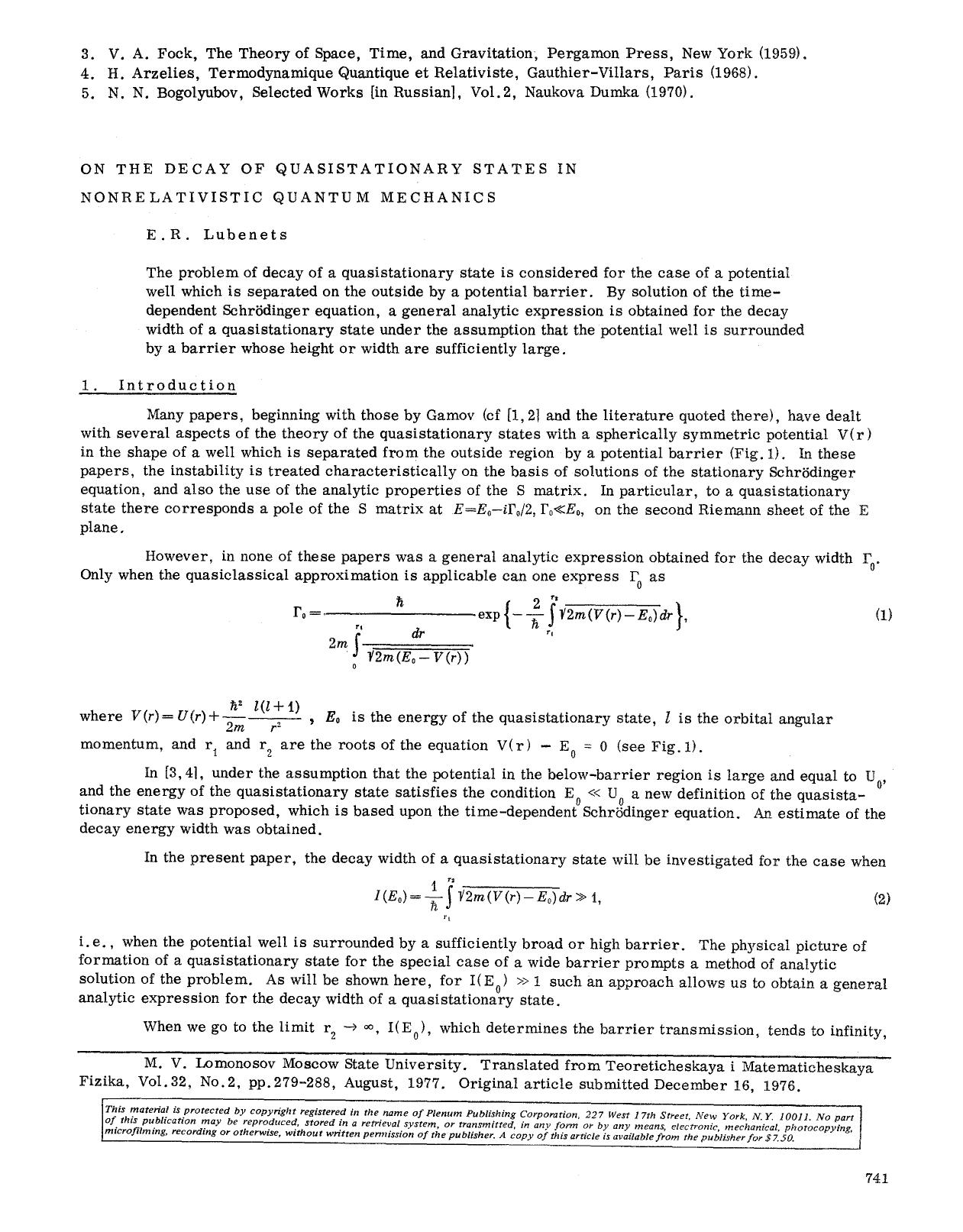 On the decay of quasistationary states in nonrelativistic quantum mechanics by Unknown