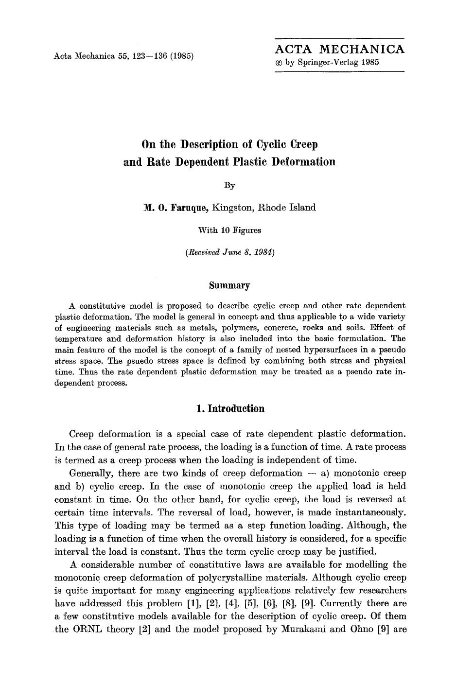 On the description of cyclic creep and rate dependent plastic deformation by Unknown