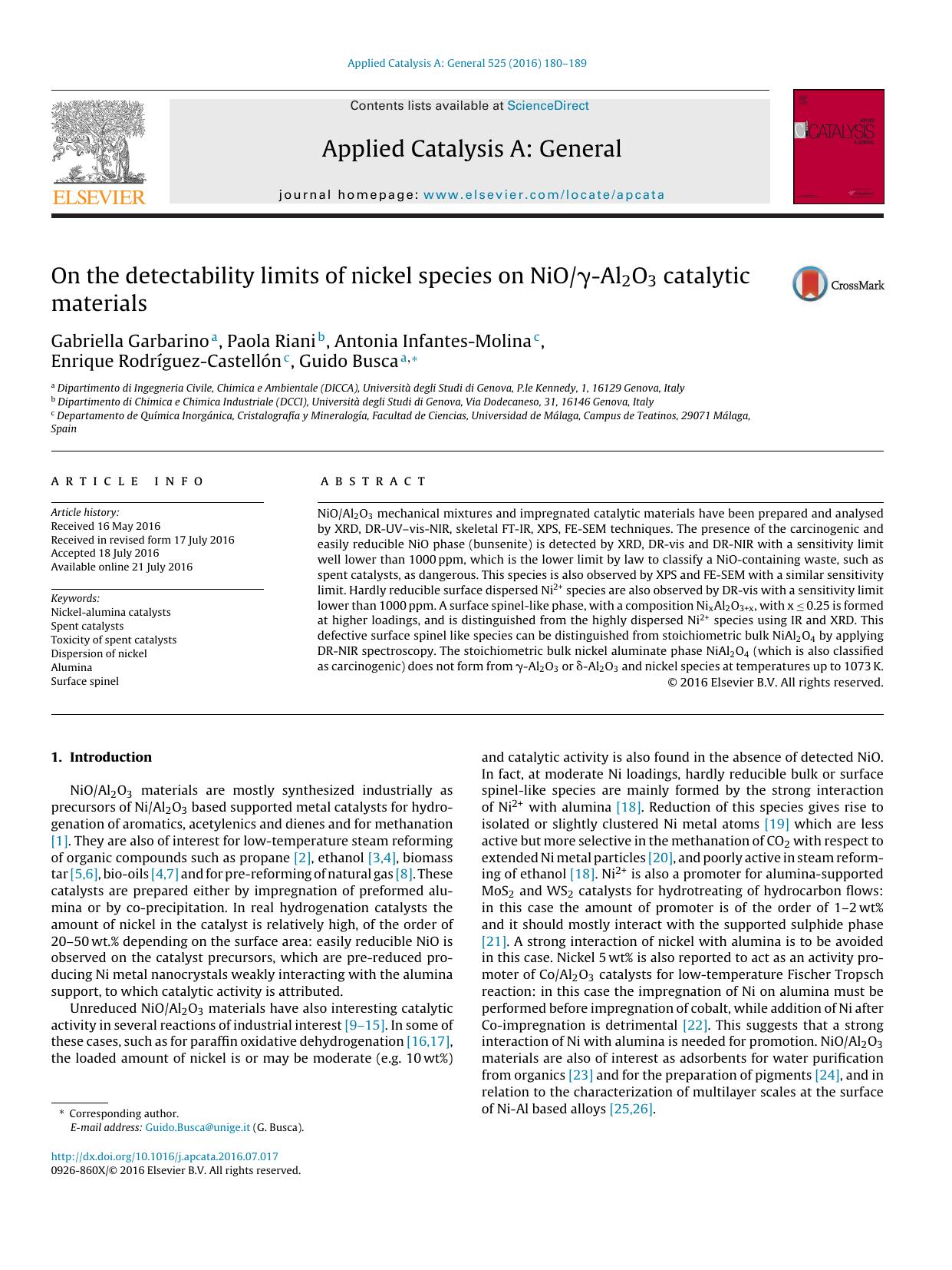 On the detectability limits of nickel species on NiOÎ³-Al2O3 catalytic materials by unknow