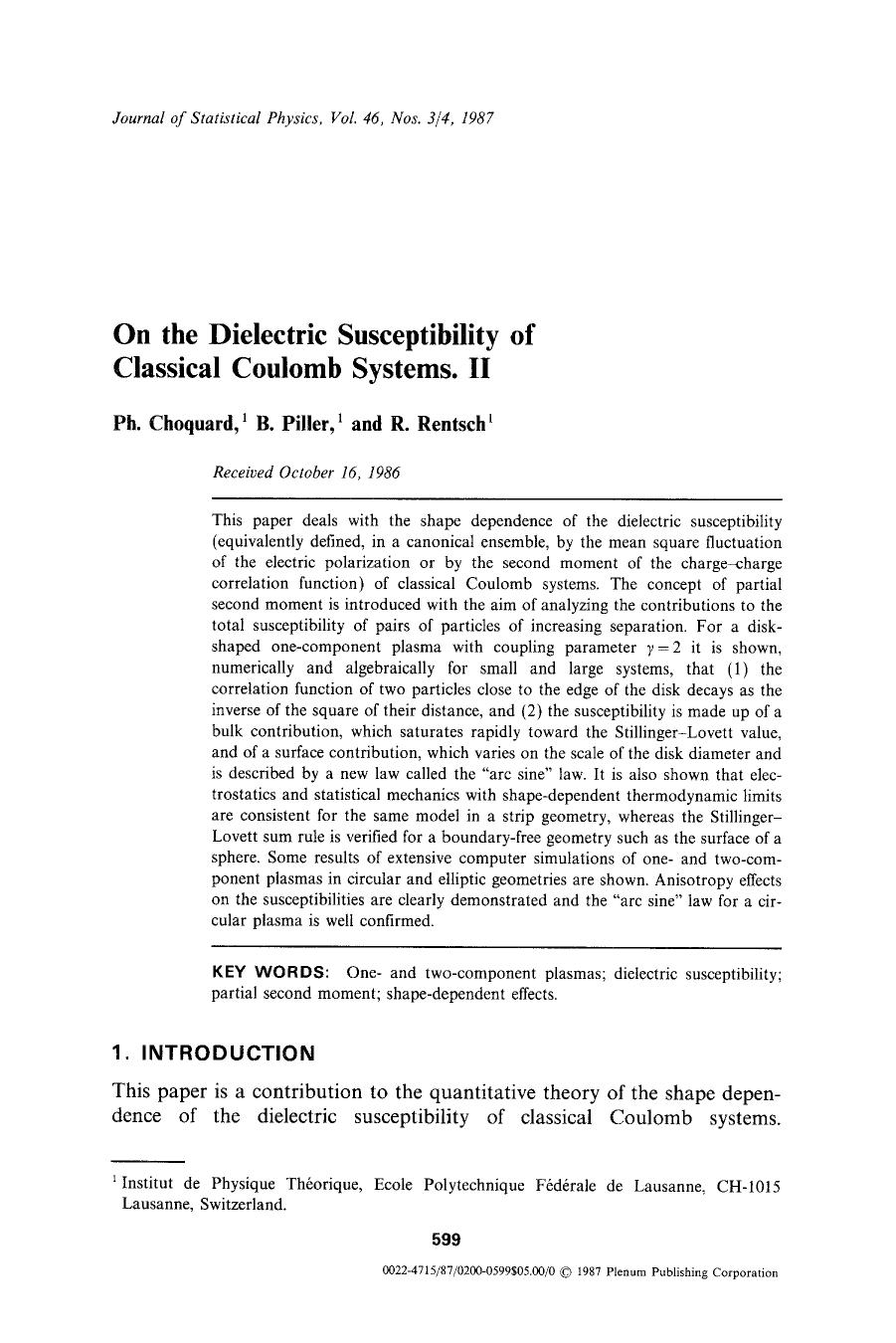 On the dielectric susceptibility of classical Coulomb systems. II by Unknown
