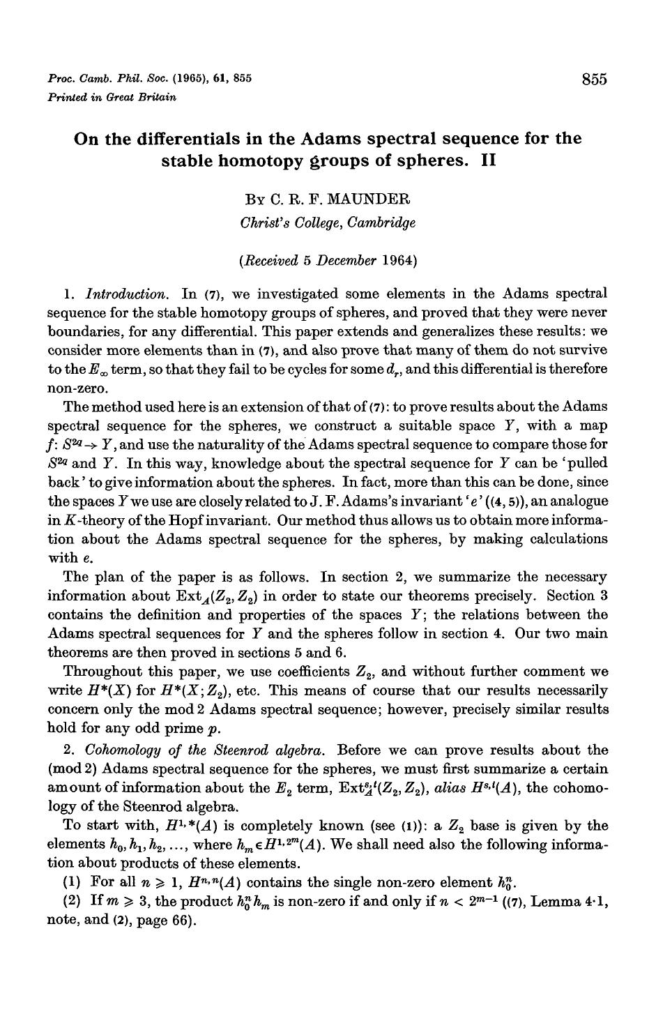 On the differentials in the Adams spectral sequence for the stable homotopy groups of spheres. II by C. R. F. Maunder